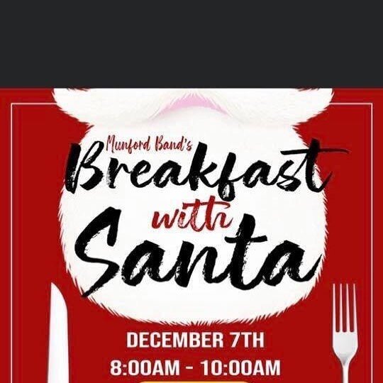 Breakfast With Santa! (And the Munford Band)
Saturday, Dec 7th 
8-10am
Suggested Donation $7.00 per Breakfast plate - Pancakes
- Bacon or Sausage
- Milk, Juice or Soda