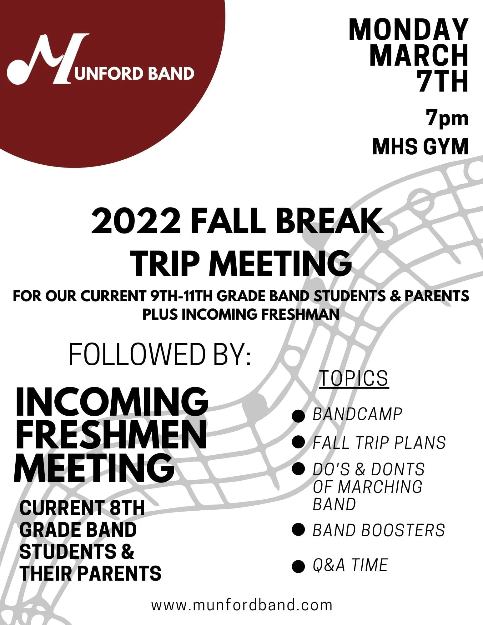 March 7th - Incoming Freshman Meeting