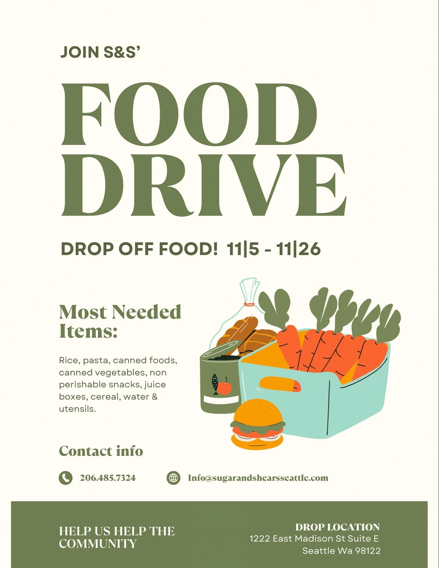 HEY FRIENDS! 

We&rsquo;re teaming up to make a difference in our community by helping a local elementary coat drive and hosting a food drive for local food banks! If you have any gently used coats or non-perishable food items to donate, please drop 