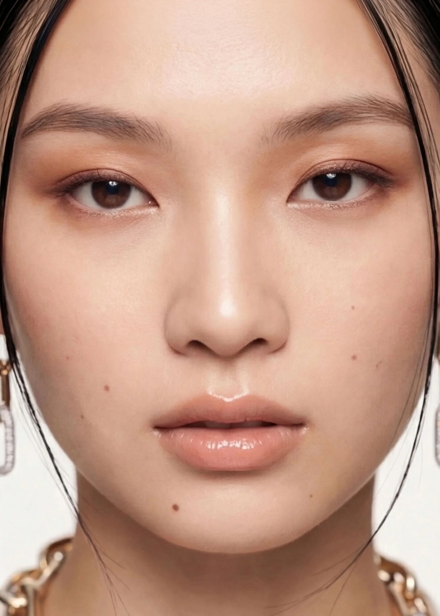 Close-up beauty portrait of a model wearing diamond hoop earrings and a gold chain necklace, showcasing luxury jewelry with soft, natural lighting