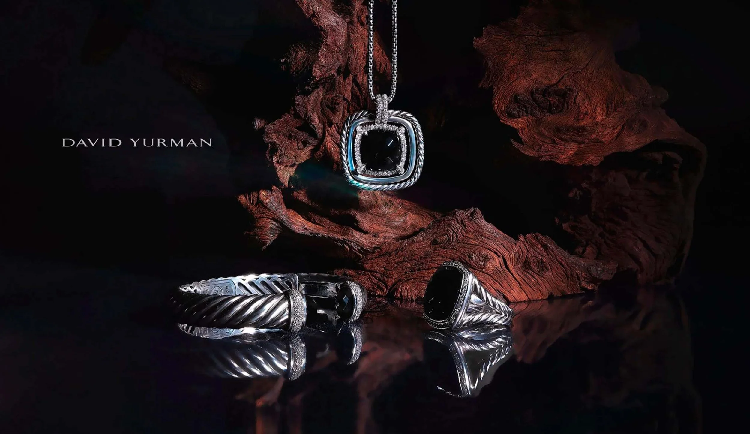 David Yurman jewelry product photography on reflective surface, Bethesda Maryland commercial photographer
