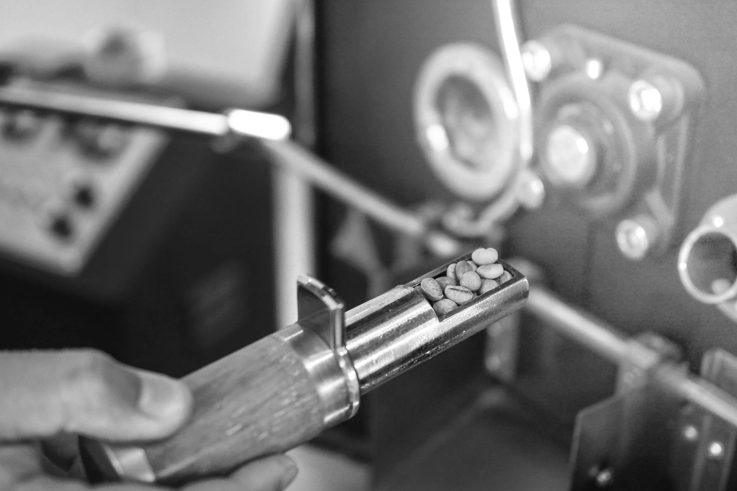 A hand holds a trier to inspect coffee during roasting