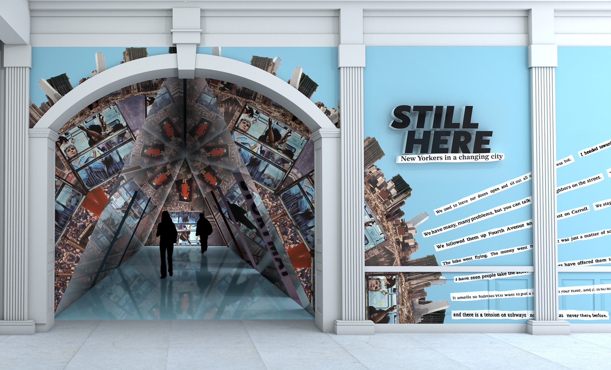 Visitors enter the exhibition galleries through a hallway that has been transformed into a walk-through kaleidoscope. Inside the hallway, visitors become a part of the kaleidoscopic image of New York City.