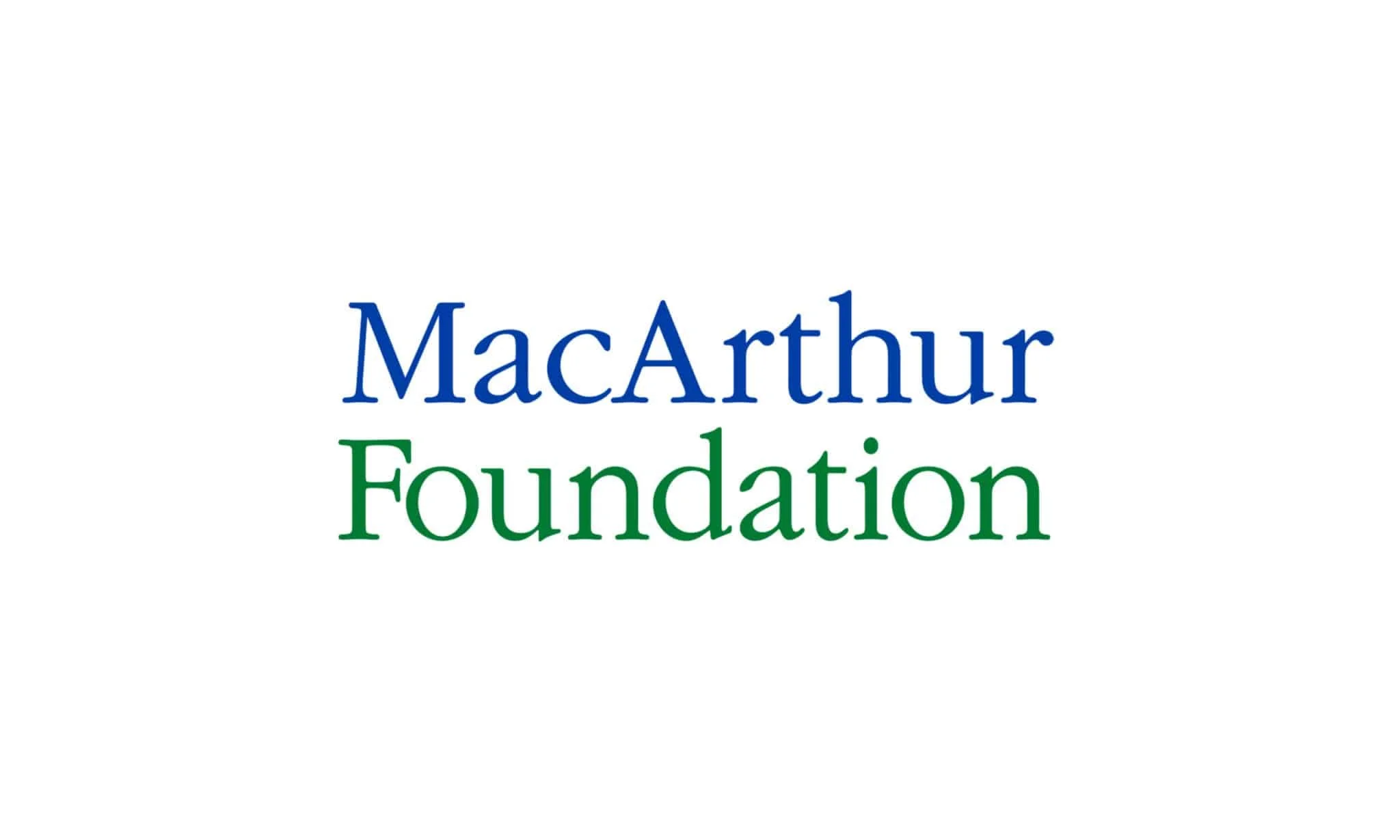 Logo of the MacArthur Foundation with blue and green text on a white background.