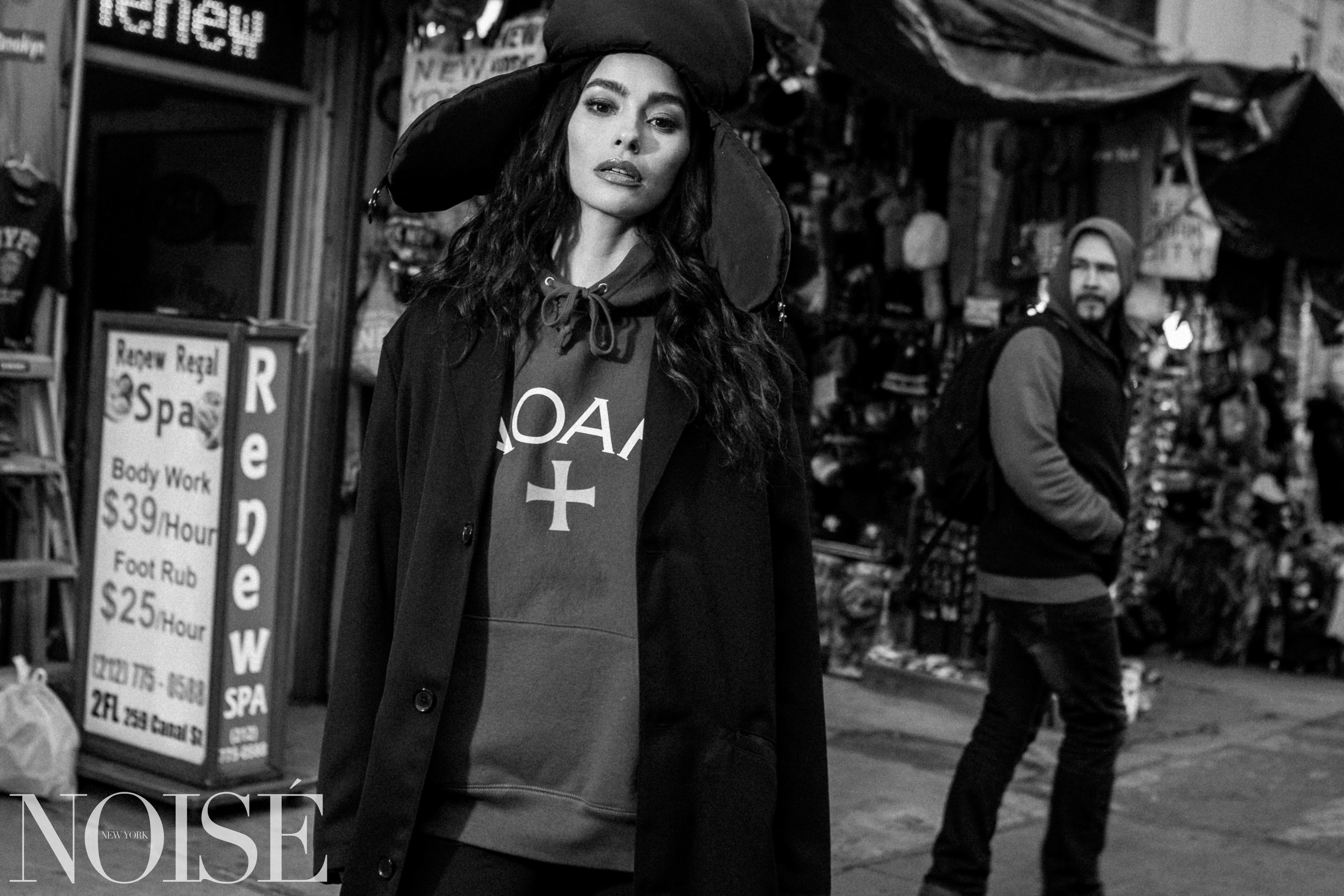 Noah Hoodie. Comme Des Garçons Coat. Prada Hat.
