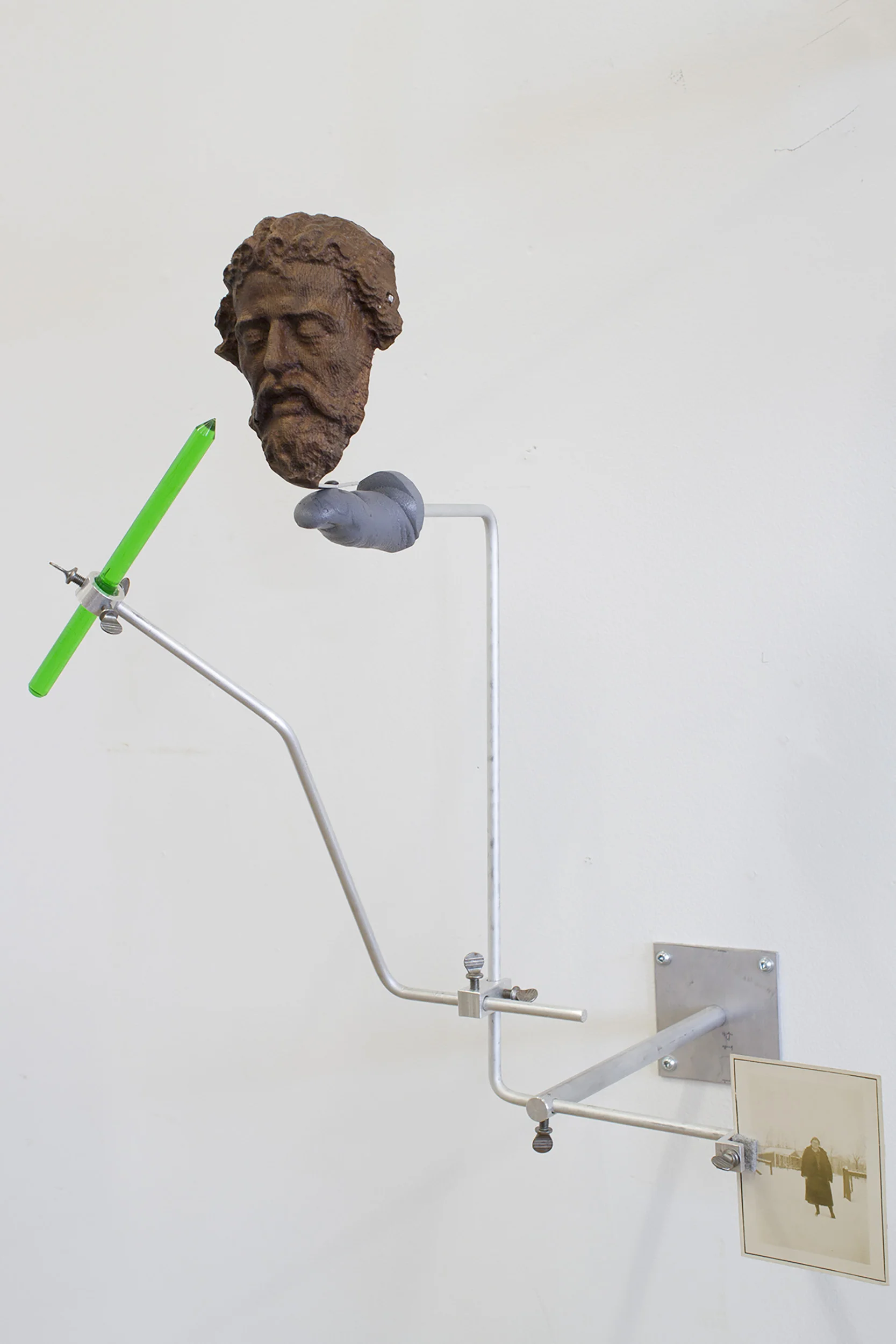Work from A Broken Index, 2017. Aluminum, acrylic, cast urethane, walnut and vintage photograph. 20" x 12" x 8"