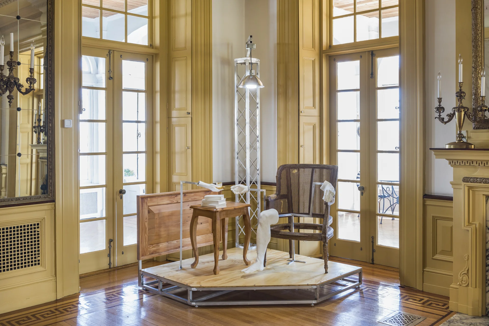 An Evening , 2016. Salvaged pine, aluminum, plywood, cast urethane, human hair, electrical components, and objects from the collection of Glen Foerd. 96” x 60” x 60.”