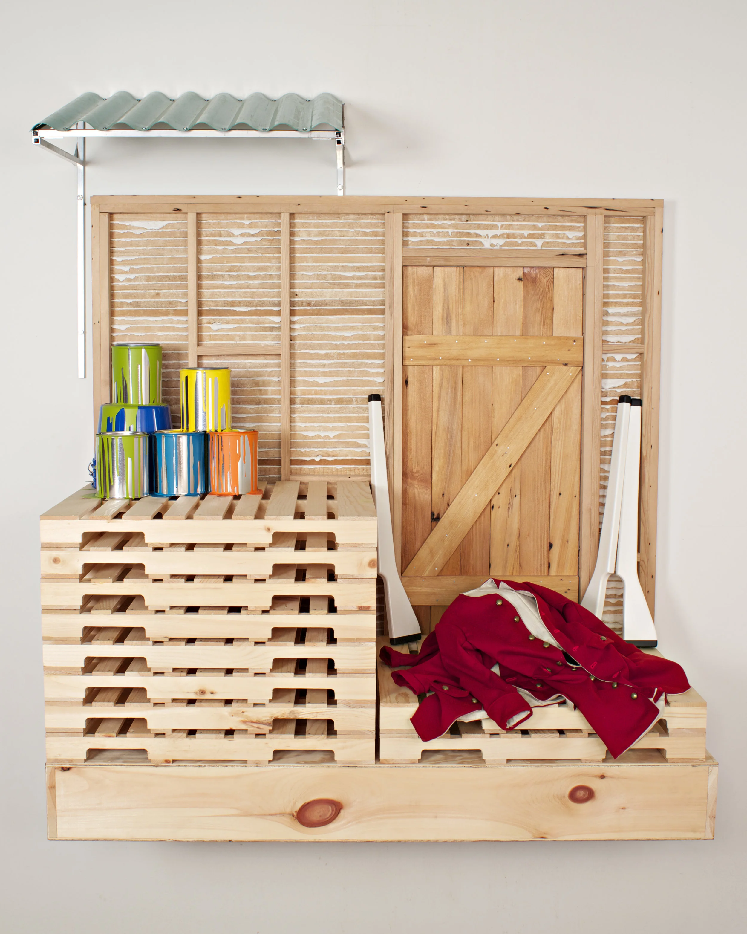 Centennial (American Still Life) , 2013. Pine, cherry, plaster, wool, linen, aluminum, polycarbonate, latex paint and found objects. 50” x 50” x 24”