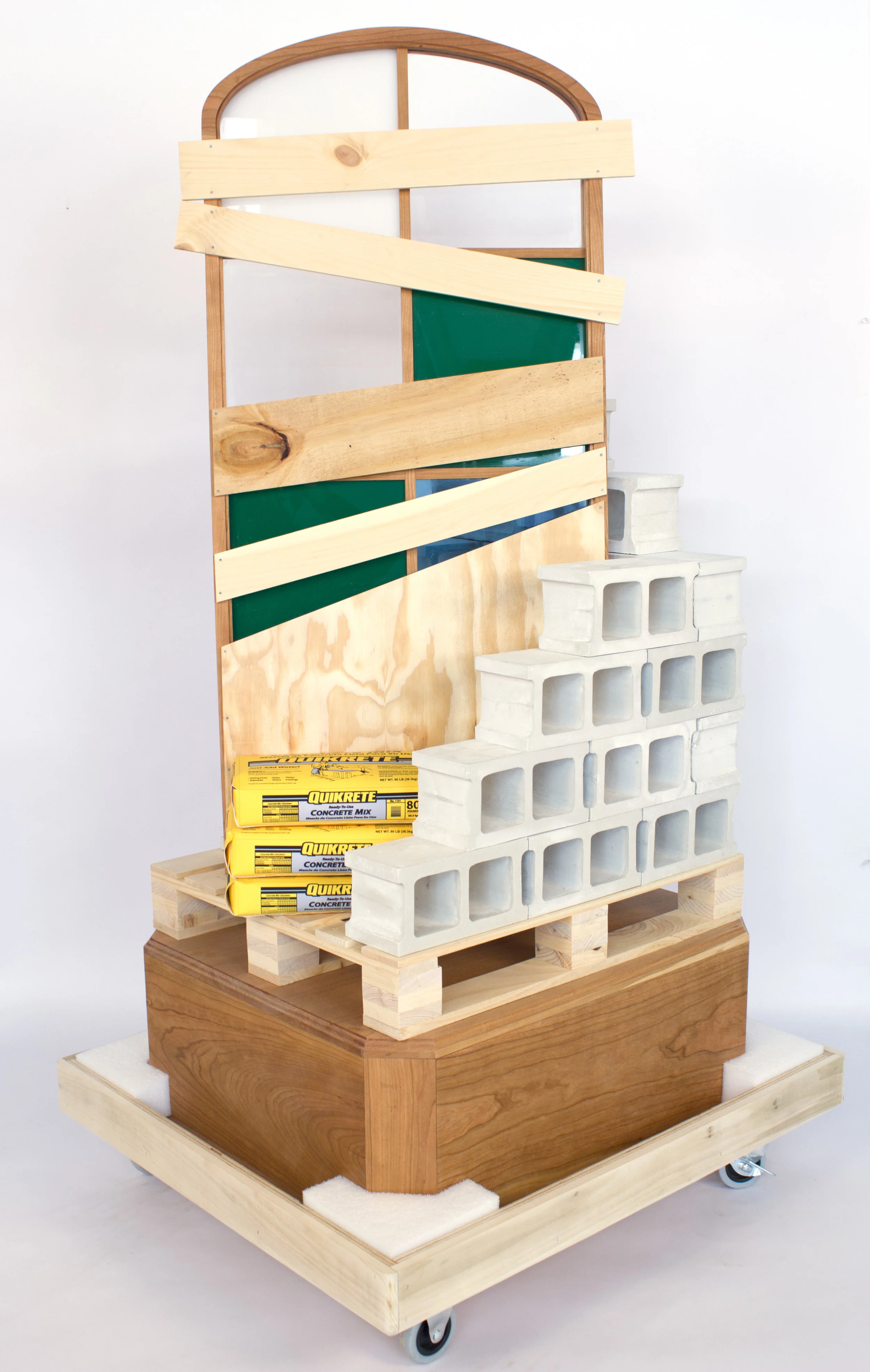 Untitled (Temporary Measures) , 2014. Pine, cherry, poplar, plywood, acrylic, gypsum cement, inkjet prints on Tyvek, polyethylene foam, and hardware. 64” x 32” x 29”