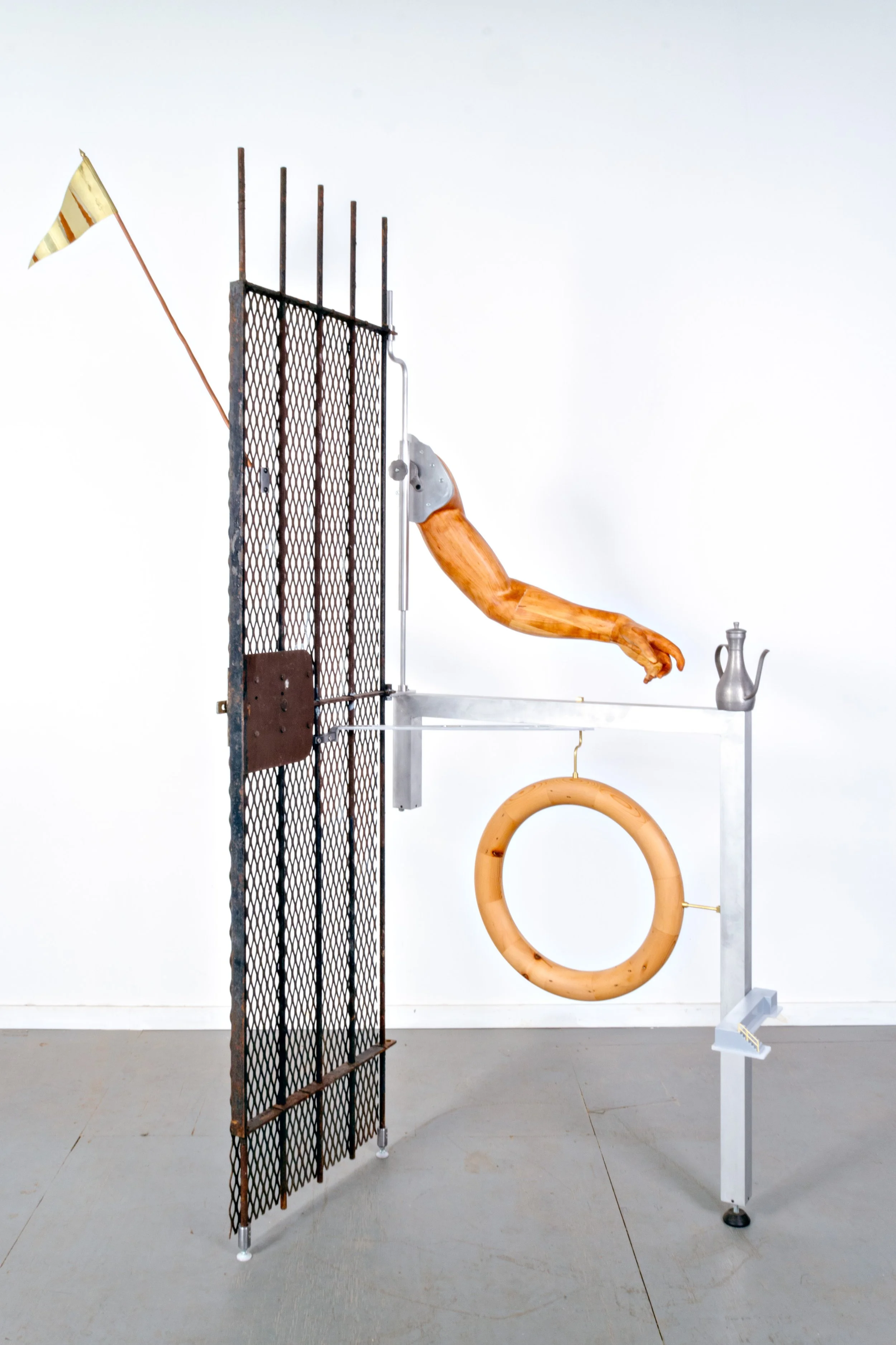   Architectural Study 1 (Diagram for Solitude) , 2025  86” x 60” x 37”   Salvaged alley gate, HO scale model loading dock, pewter pitcher, copper, brass, aluminum, steel, cherry, salvaged pine, acrylic and hardware. 