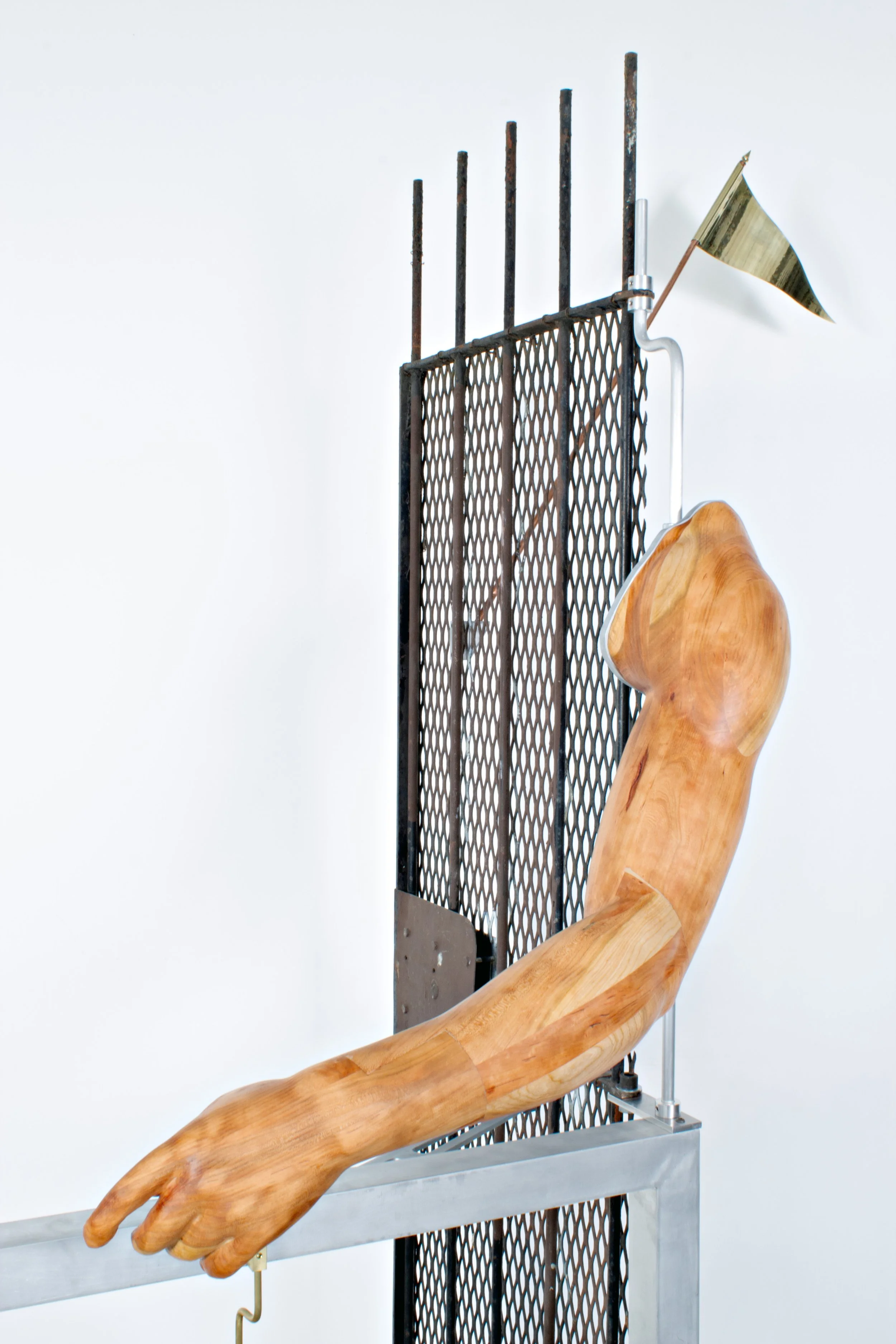    Architectural Study 1 (Diagram for Solitude)  , 2025  86” x 60” x 37”  Salvaged alley gate, HO scale model loading dock, pewter pitcher, copper, brass, aluminum, steel, cherry, salvaged pine, acrylic and hardware. 