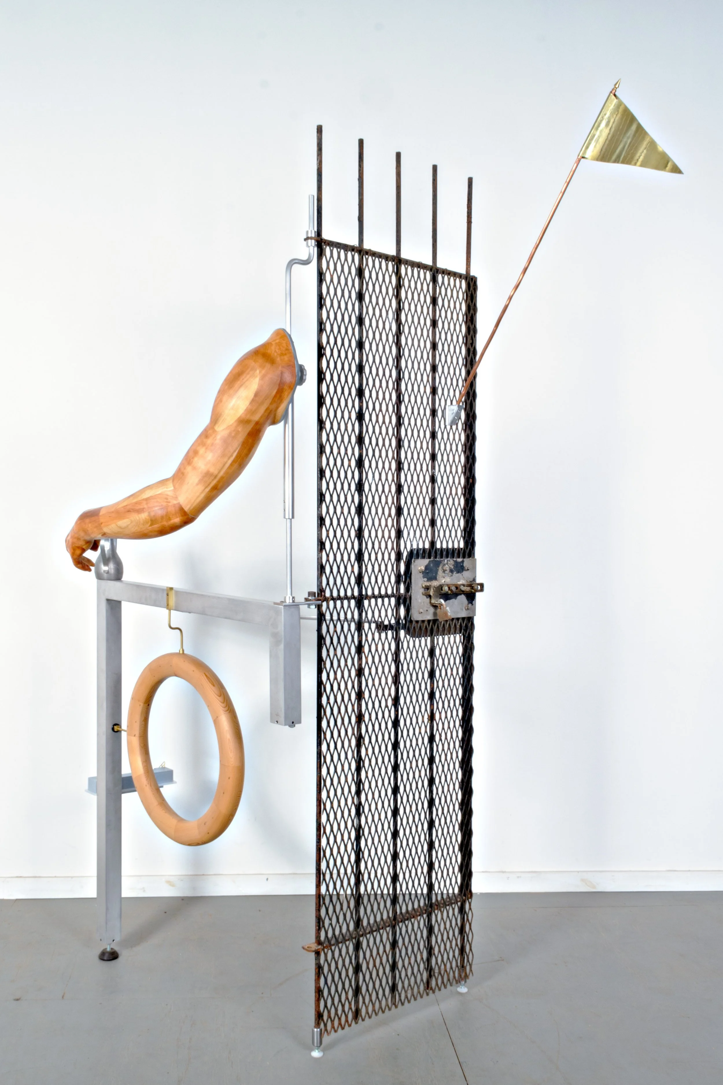    Architectural Study 1 (Diagram for Solitude)  , 2025  86” x 60” x 37”  Salvaged alley gate, HO scale model loading dock, pewter pitcher, copper, brass, aluminum, steel, cherry, salvaged pine, acrylic and hardware. 