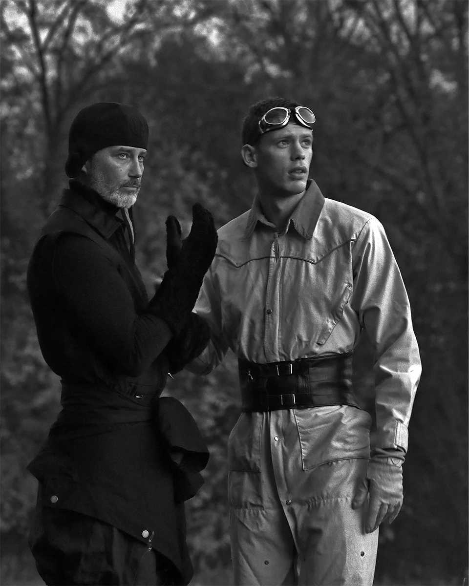 Trey wears jumpsuit by Comeforbreakfast , Gloves - stylist’s own, Hat - Giorgio Armani , Shirt - Tagliatore , Jacket - Stylist’s own. Dani wears vintage jumpsuit - Barbour , vintage belt, Goggles - Baruffaldi