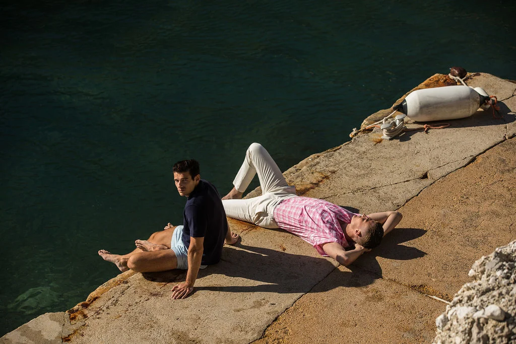 Paul wears Les Basics t op shirt & Weekday shorts, Harry wears E Tautz shirt & Orlebar Brown trousers