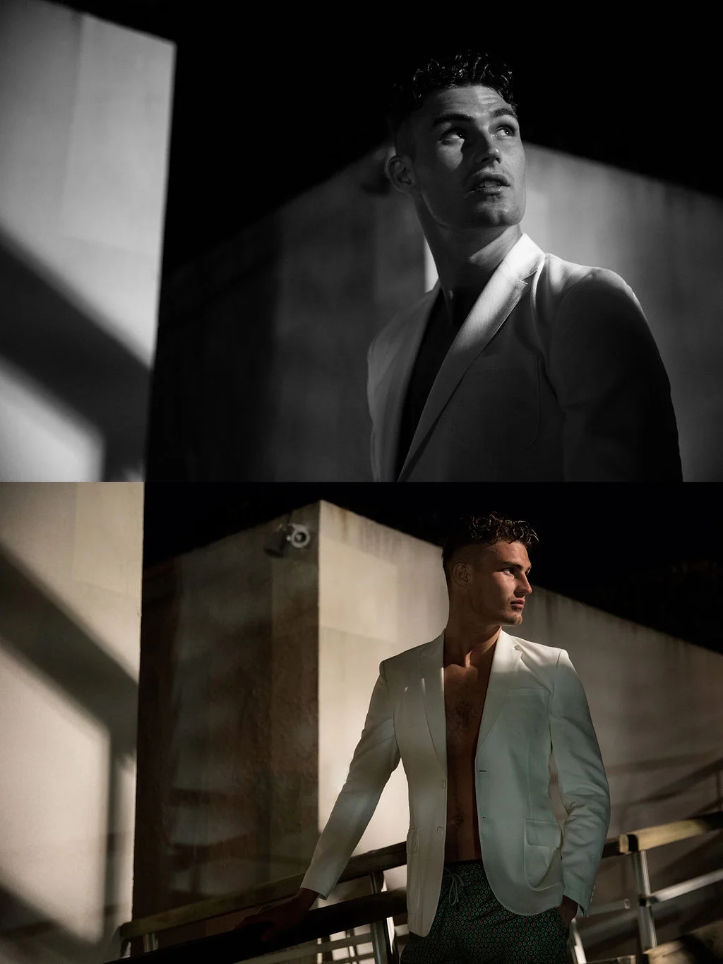 Harry wears Orlebar Brown blazer and Frescobol Carioca swim shorts
