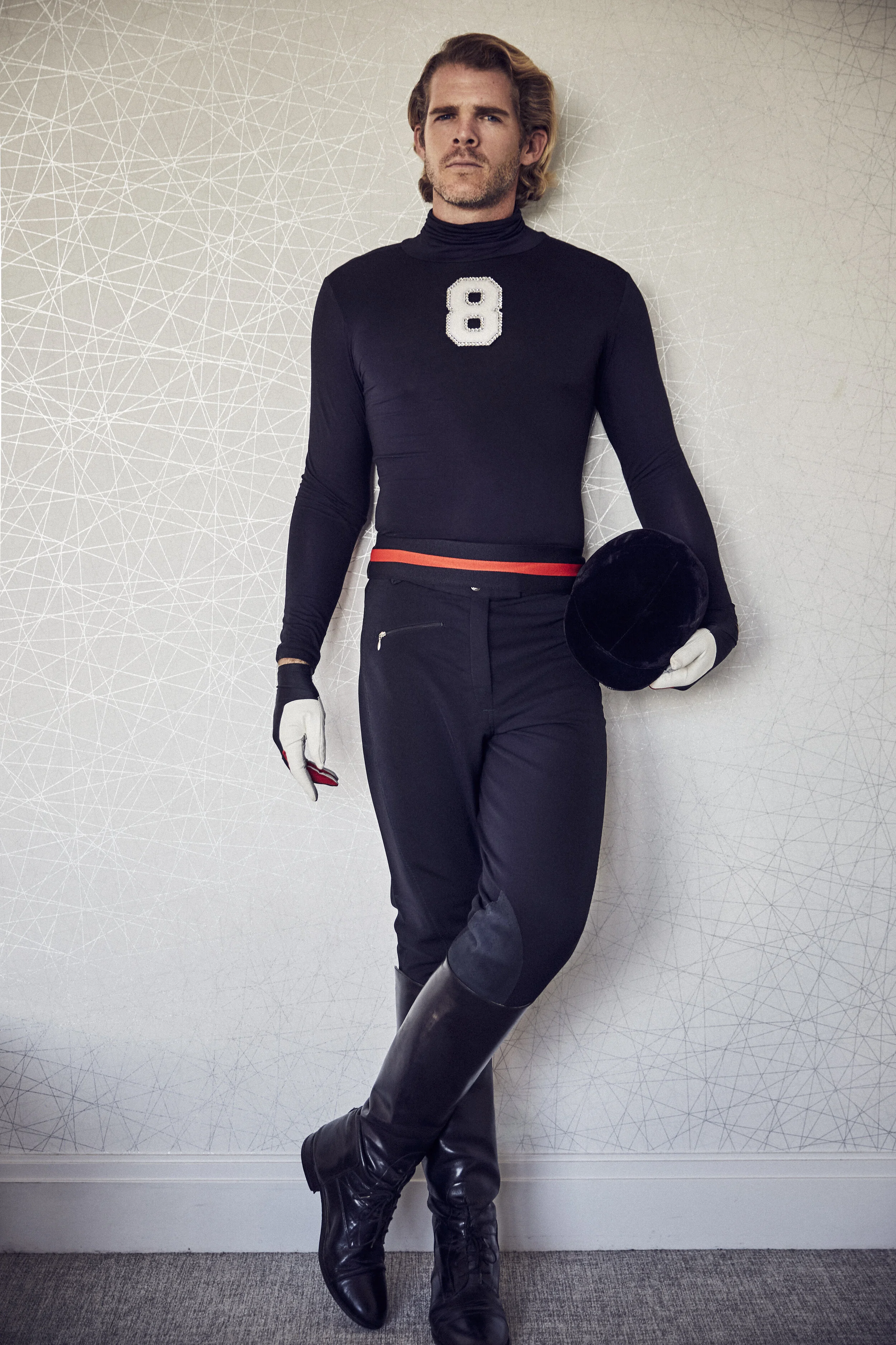 Black Turtleneck with Crystal “8” by Michael Sui Black, Vintage Riding Pants, Belt and Gloves by Michael Sui