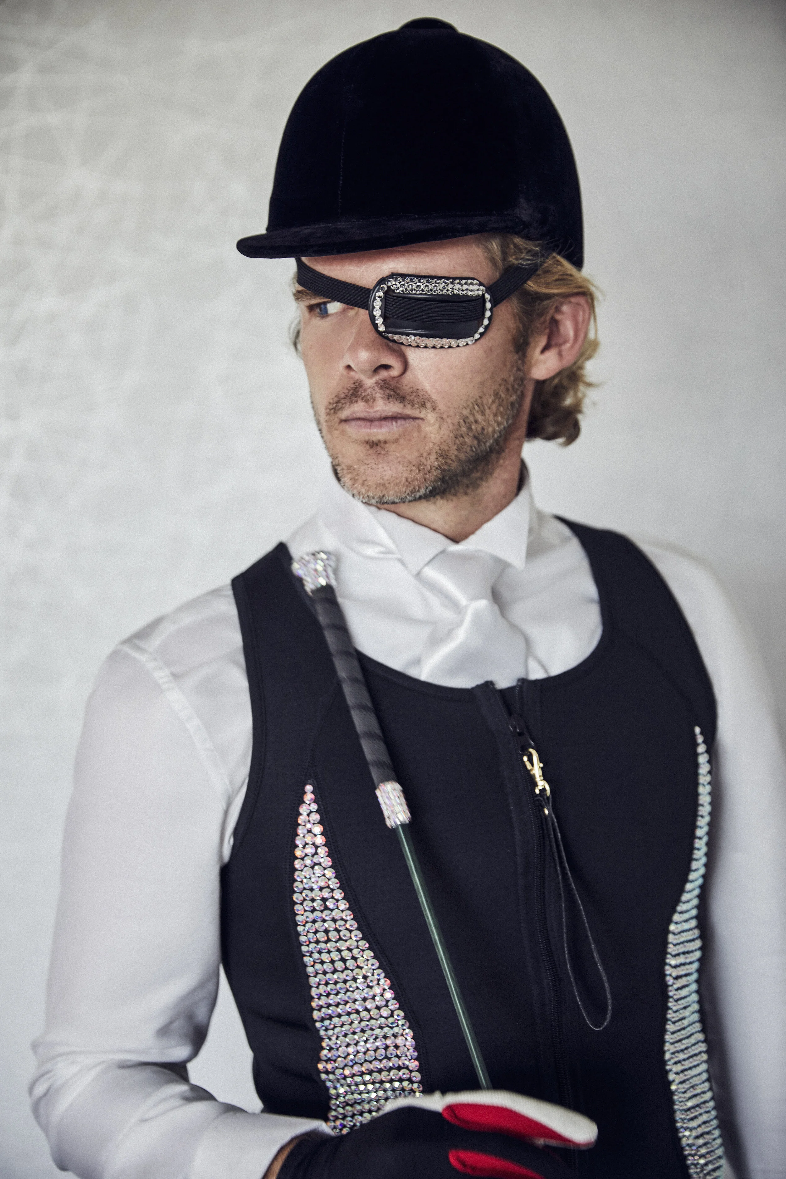 Black Neoprene Vest with Swarovski Crystals by Michael Sui , White Shirt by Zara , All Riding Accessories by Michael Sui