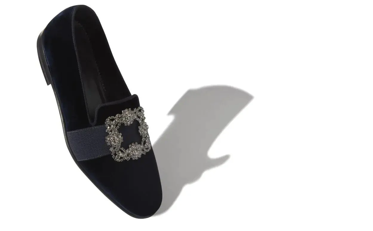 Manolo Blahnik navy velvet jewelled buckle loafers - £1,065