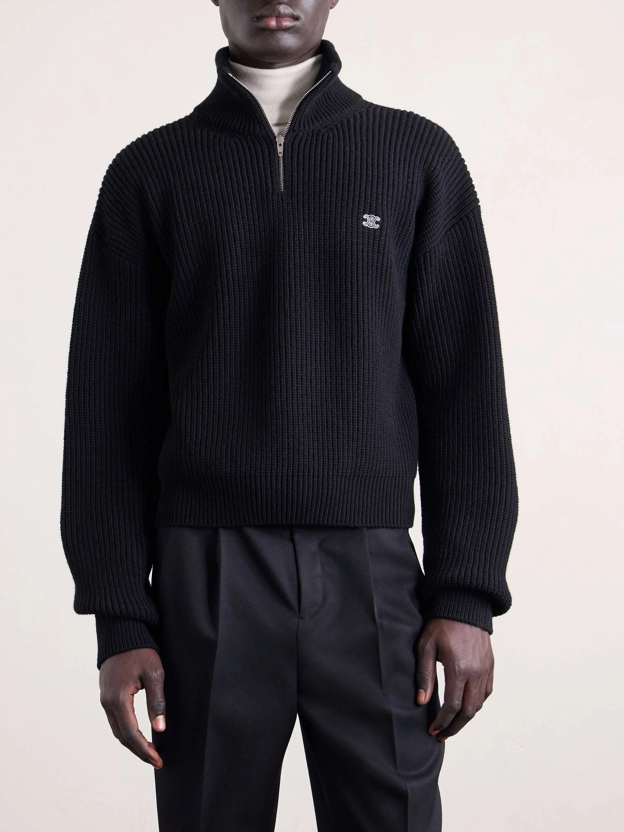 CELINE Logo-Embroidered Ribbed Wool Half-Zip Sweater at MR PORTER - £1,085