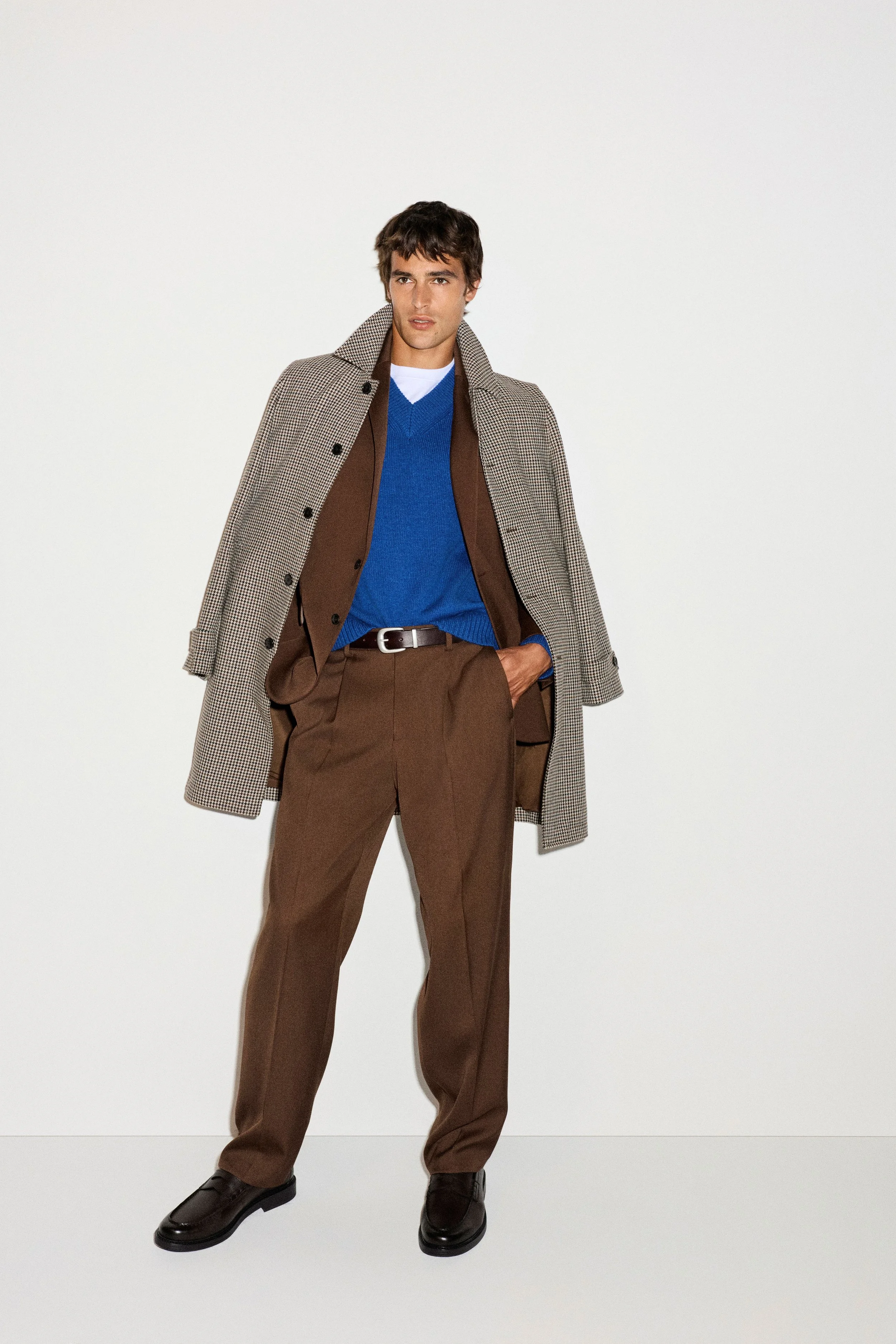 M&S Houndstooth Long Coat £130, Suit Jacket £90, Suit Trouser £50, Chunky V Neck £49, T-shirt £18, Belt £26, Loafer £42.jpg