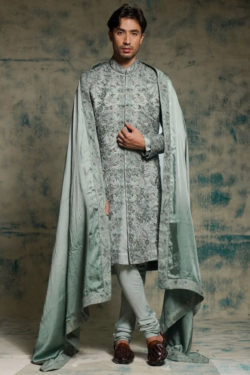 JATIN MALIK Chateau gray hand embroidered sherwani set at Aashni + Co - £2,002.31