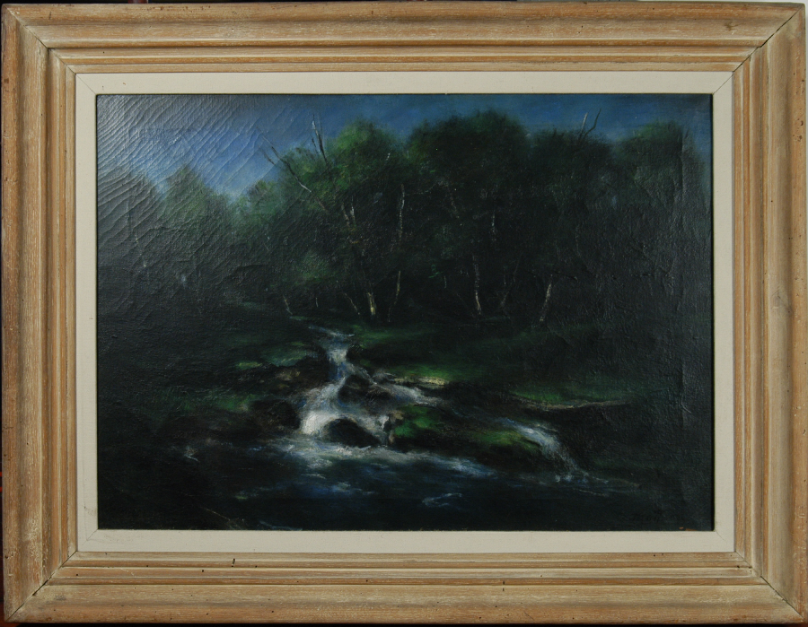 Oil on canvas, 28" by 19.5", "Woods and Brook",Signed LR     Pennsylvania Academy of Fine Arts Exhibition Label, Jan 24-Feb. 28, 1943     Henry Mattson    Rehn Gallery    "Woods and Brook"         Original frame.