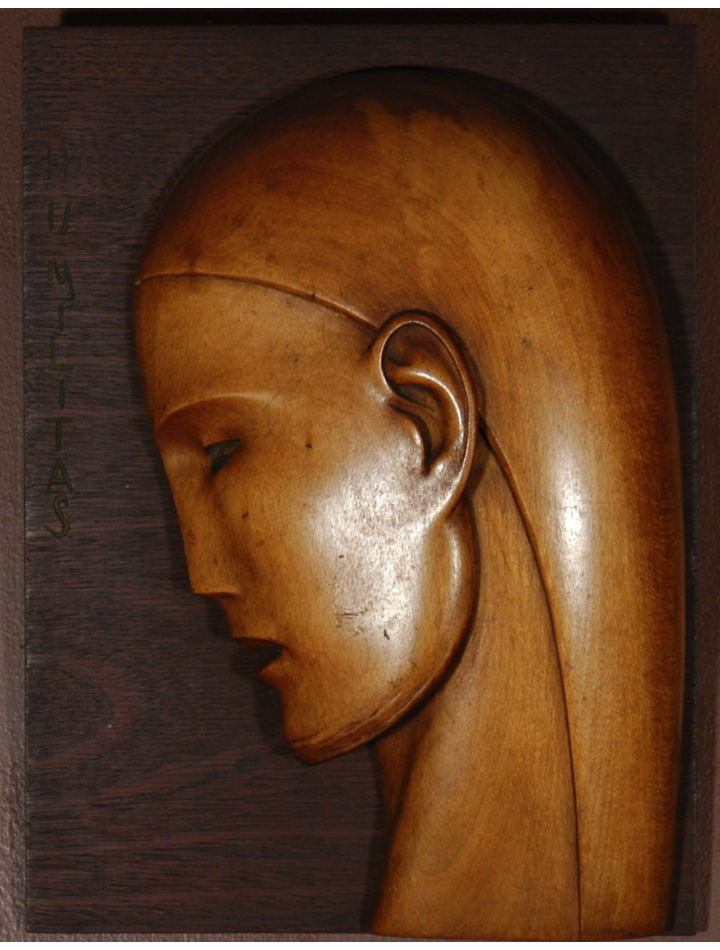   Carved wood (birch?) on flat back board (mahogany?) 9.6" by 13.3", "Humilitas", Signed in ink on bottom of neck: "Fite (unreadable) 1937 XI".   