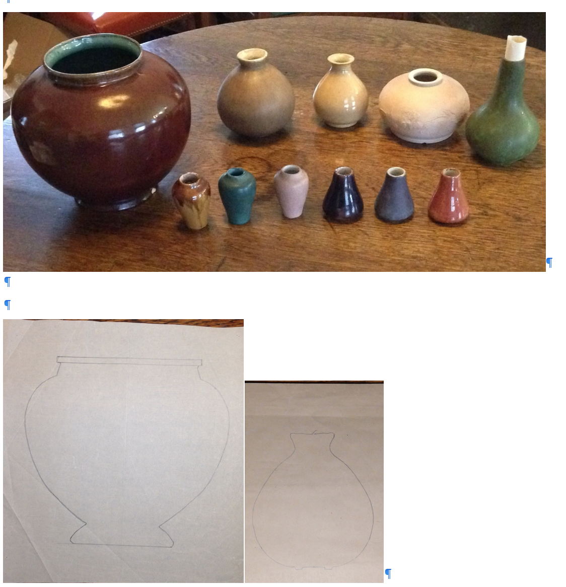 Byrdcliffe pots from Whitehead estate, two on left and one on right have design drawings.  Pot second from right carved by Jane Whitehead (unfired).  Six small pots are glazes test pots