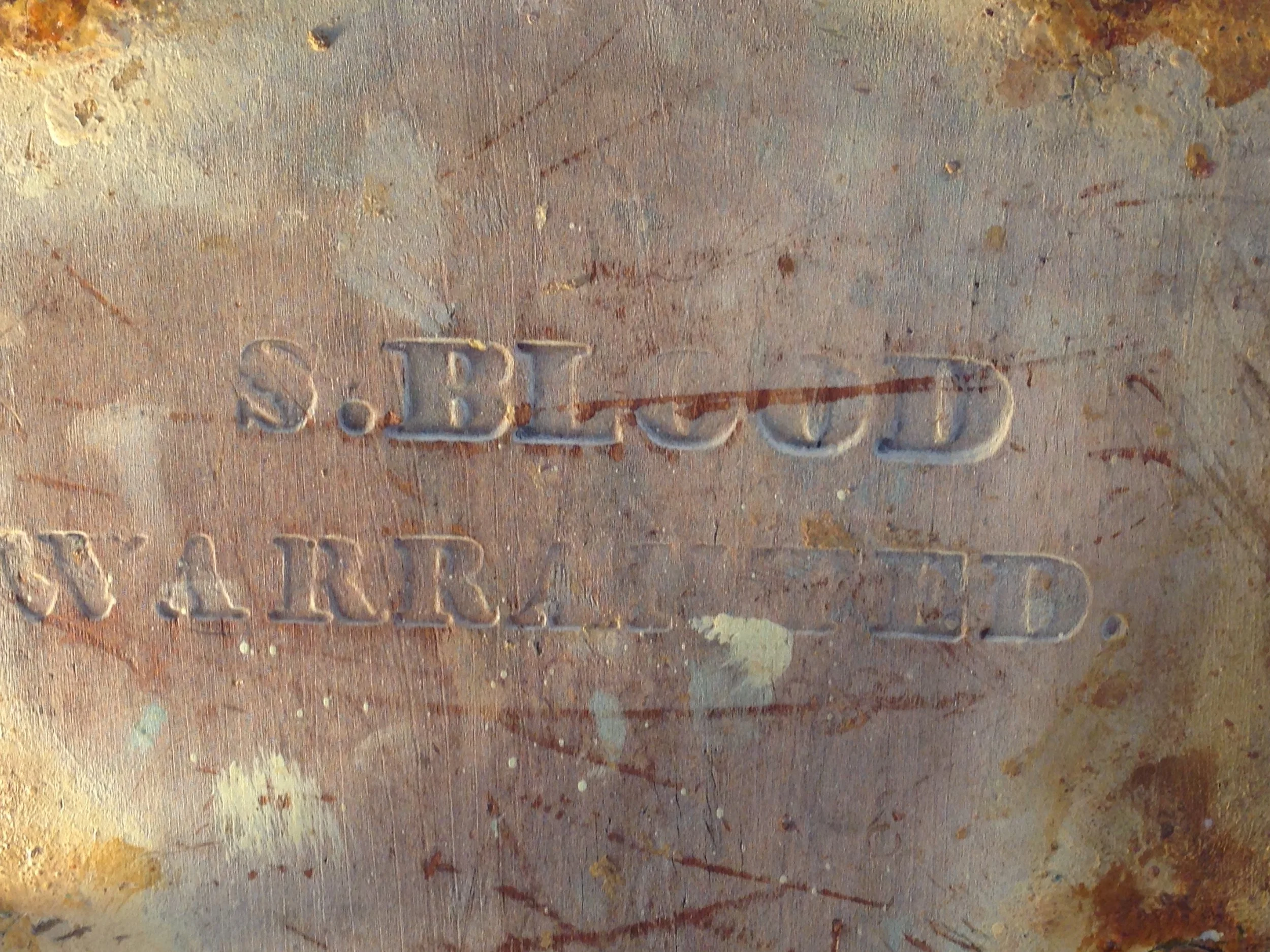 "S. Blood warranteed" stamped on bottom of seat