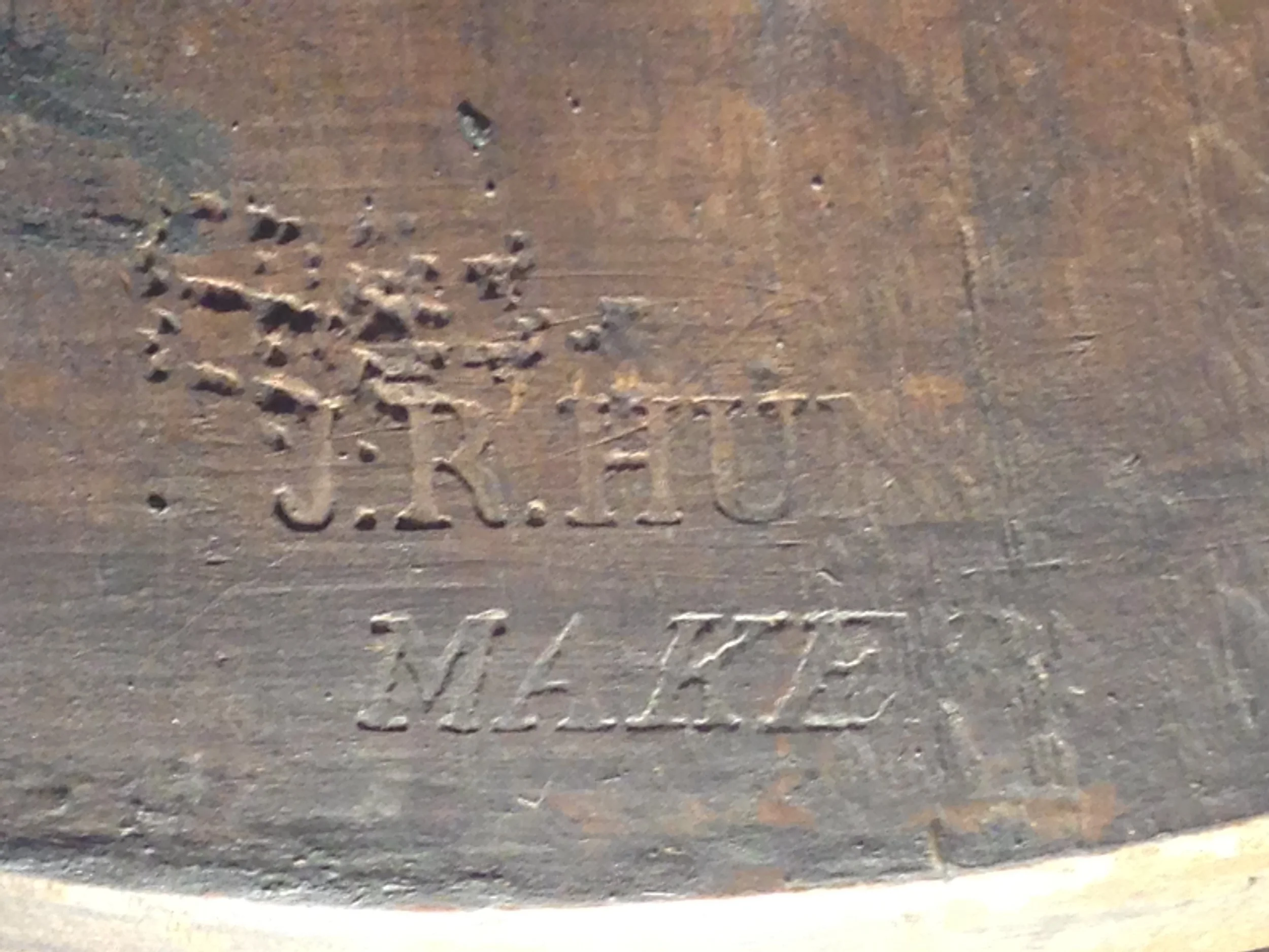 "J. R. Hunt Maker" stamped on bottom of seat