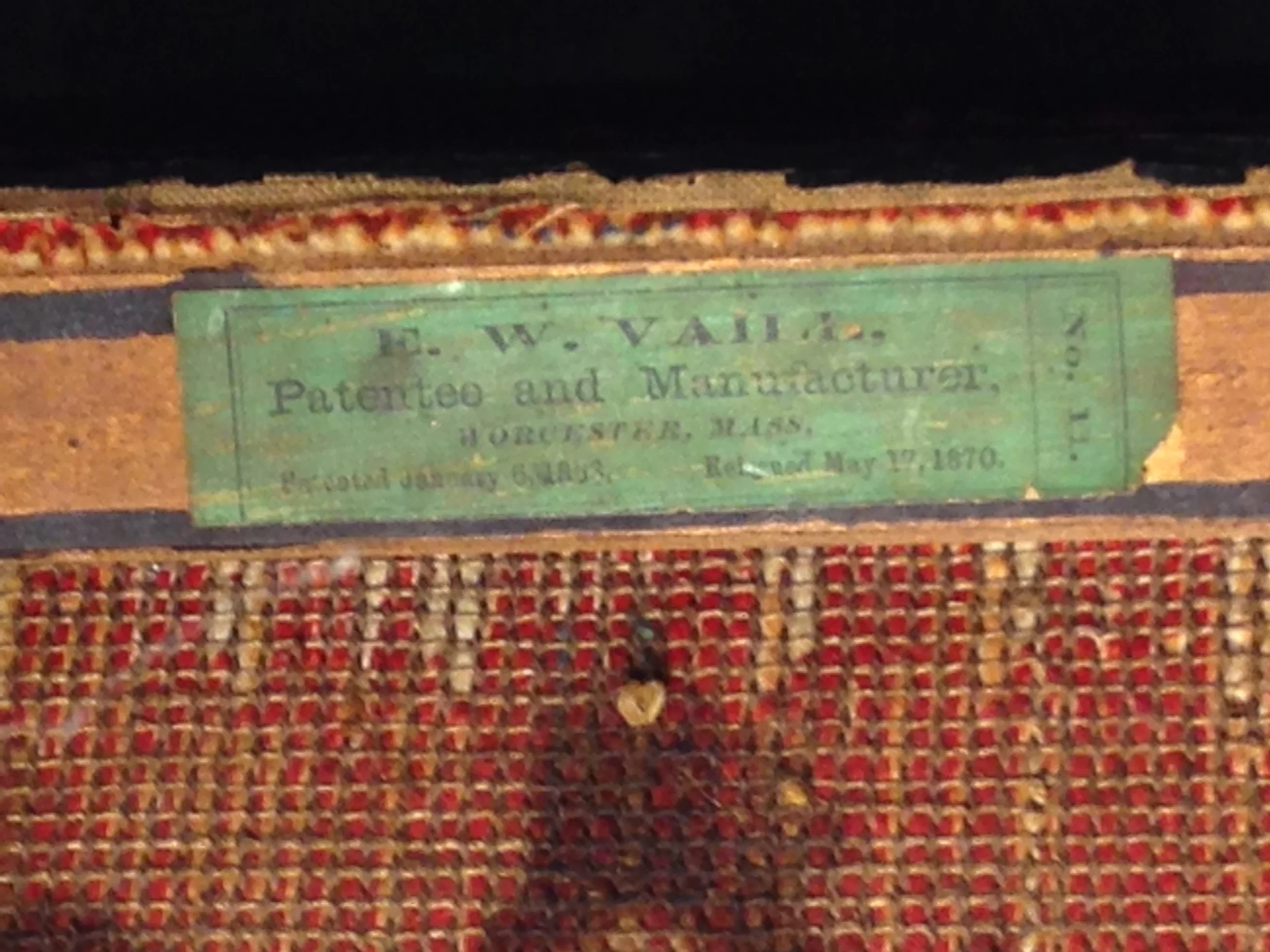 Label under seat indicates this is Vaill's No 11 chair and has a (patent?) date of 1870