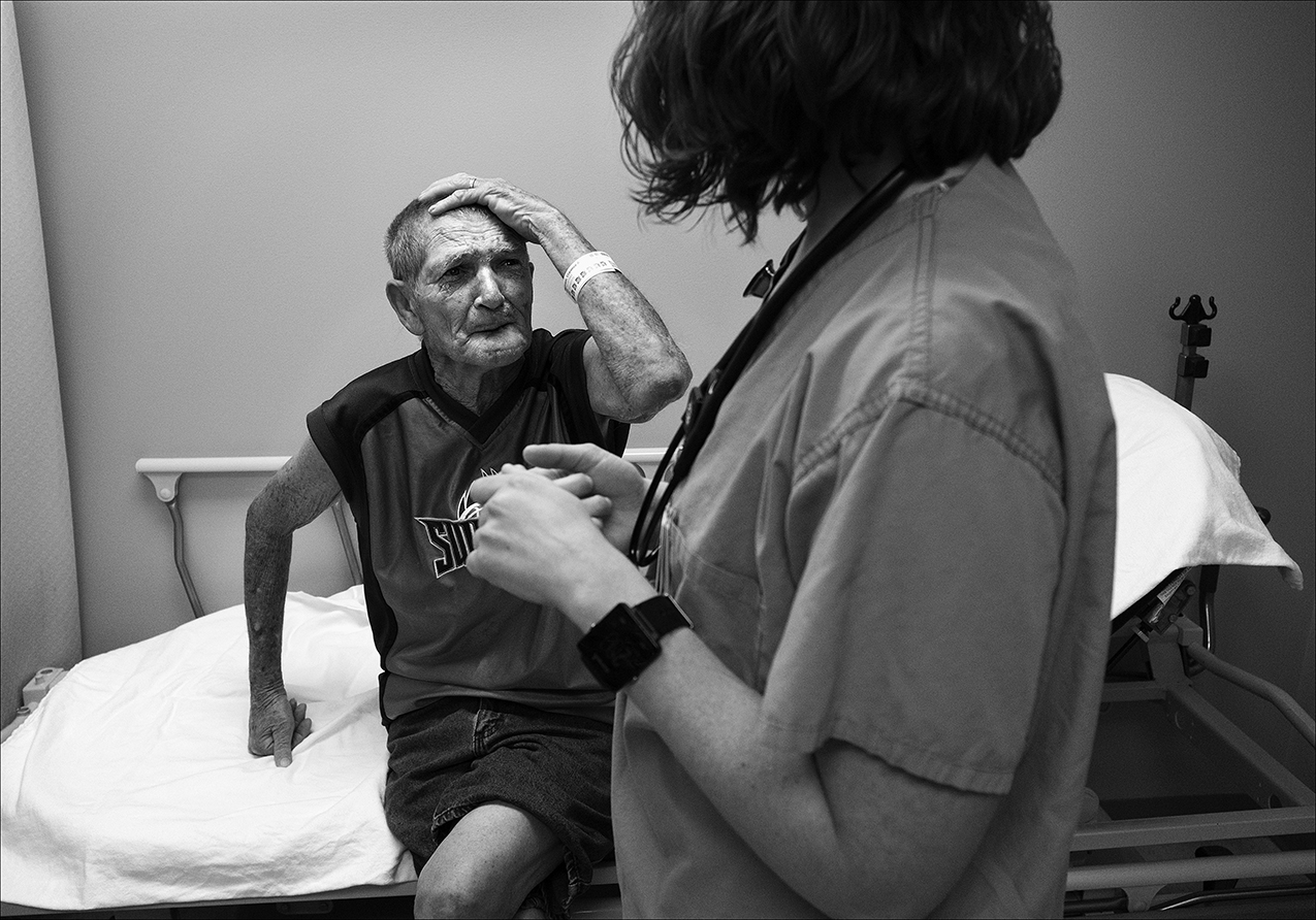 June 2017: Clarence explains to a Blessing Hospital emergency room nurse that he has had no relief from bed bug bites on his scalp and neck since March. Despite several trips to his doctor and the ER, the sores persisted. Some initial medication caused a severe burning sensation so the medication was changed. “It took probably four or five months to get the right medication,” Brenda said. “Clarence got to picking at them so bad that he had a big visible scars on the top of his head, on the side of his face, and everything.”