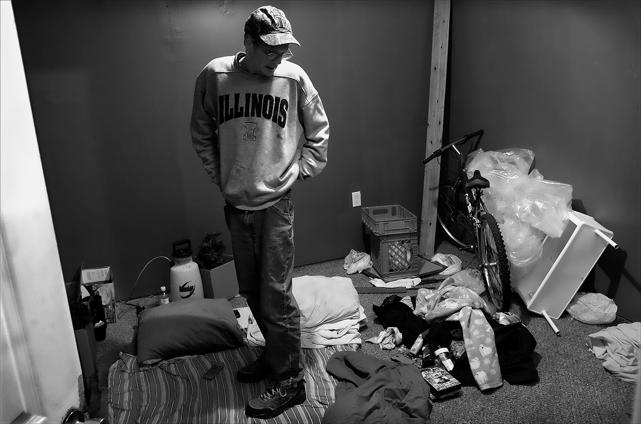January 2017: James stands in the center off his room in an apartment he now subleases with friends. After nearly a year of being homeless, James seems to have found a place that may work out for him. “I’ve come a long way from my little spot in the woods,” James said. 