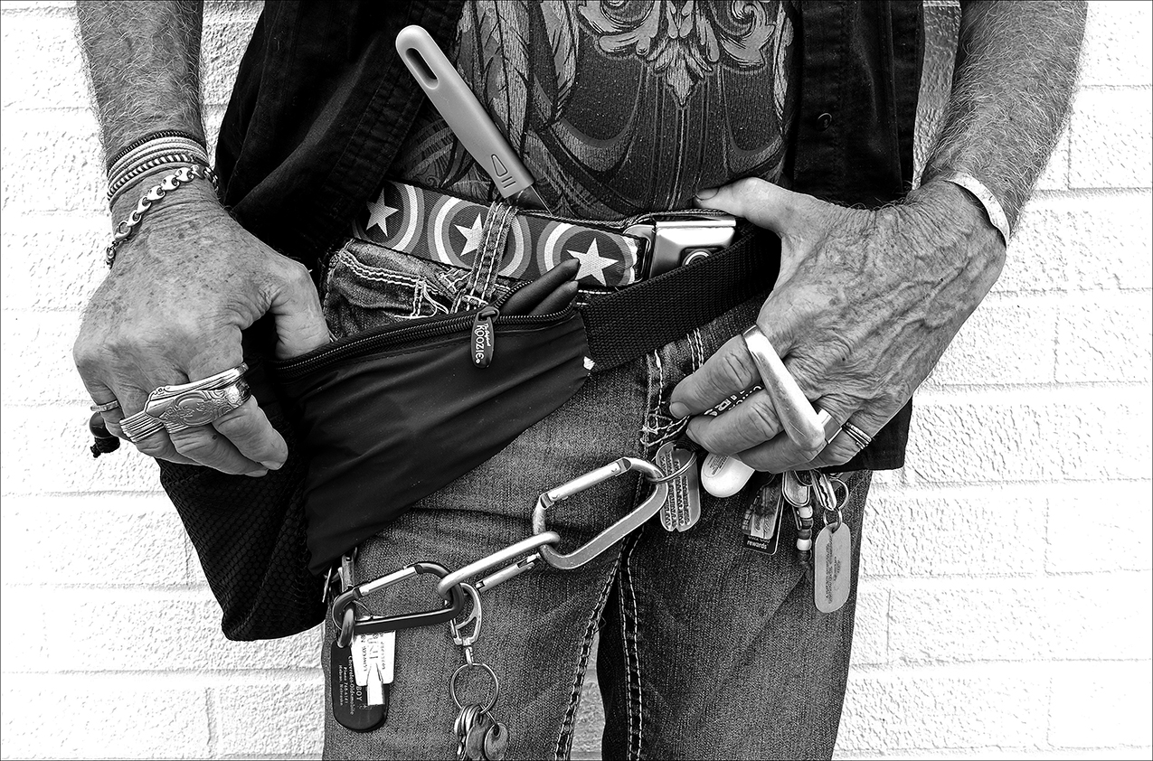 September 2016: Walter makes jewelry from silverware and prides himself on the gadgets he makes. “ ‘Savage Wolf’ is my street name,” Walter says. “That’s my scalper, everyone needs one of these,” he says, pointing to one of two knives he’s carrying. After a stern warning from a police officer, Walter has stopped carrying knives.