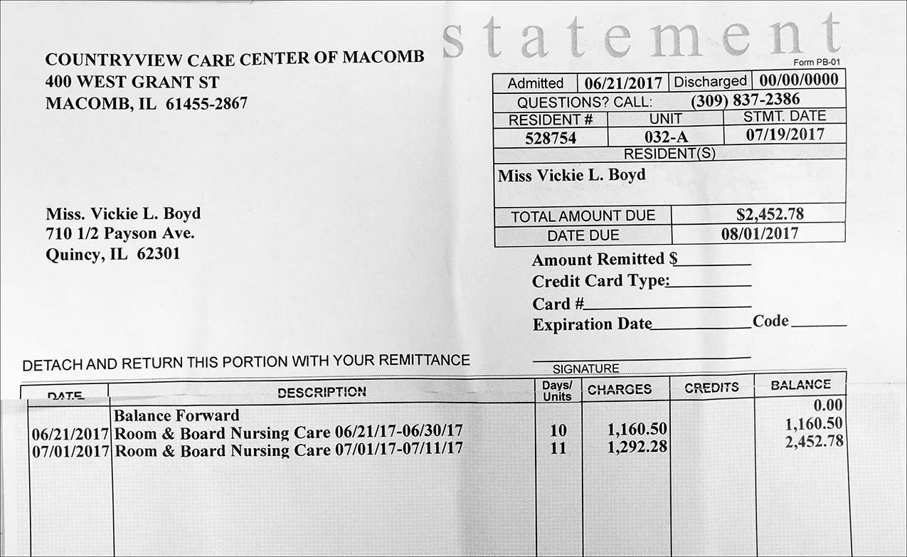 July 2017: Within weeks of her death, Vickie receives a bill for her stay at a nursing following her release from Blessing Hospital.