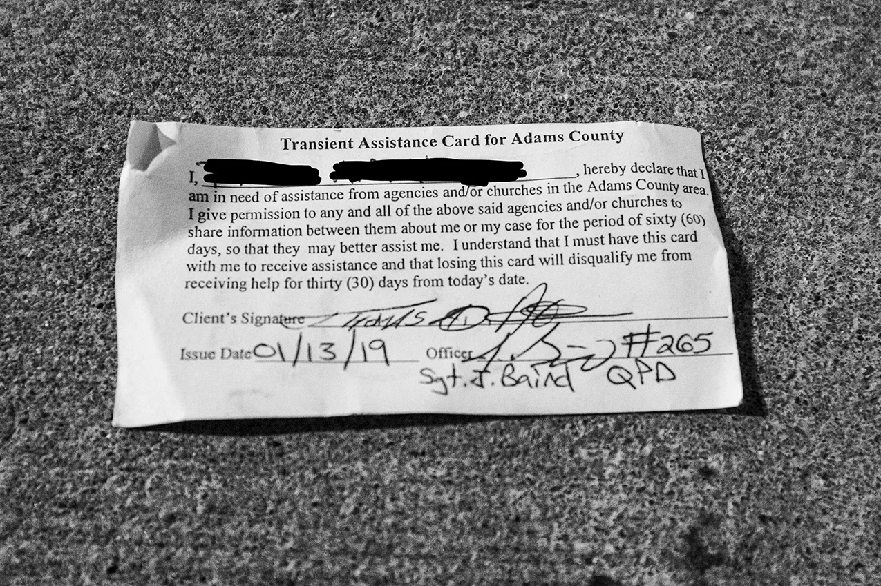 January 2019: This is a transient assistance card for Adams County, provided by the Quincy Police Department. Tom carries this card, as do others seeking assistance in Quincy.