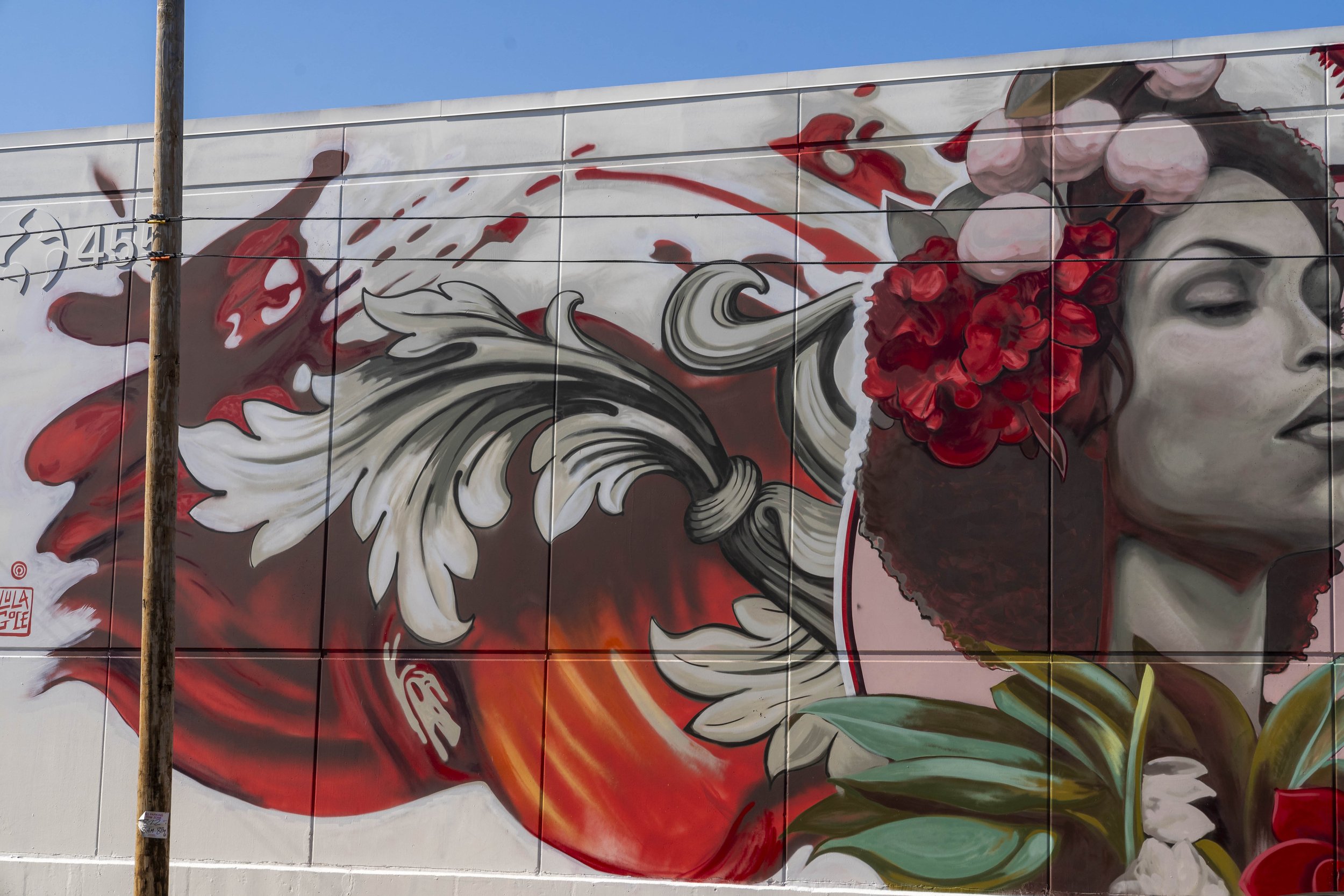 Colorful mural featuring a woman's face with flowers and abstract designs.