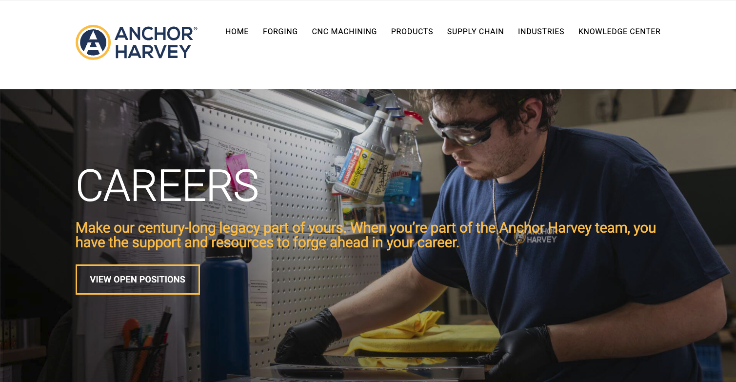Screenshot of the Anchor Harvey careers page showing a man working in a workshop, with the text "CAREERS" and a button to view open positions.