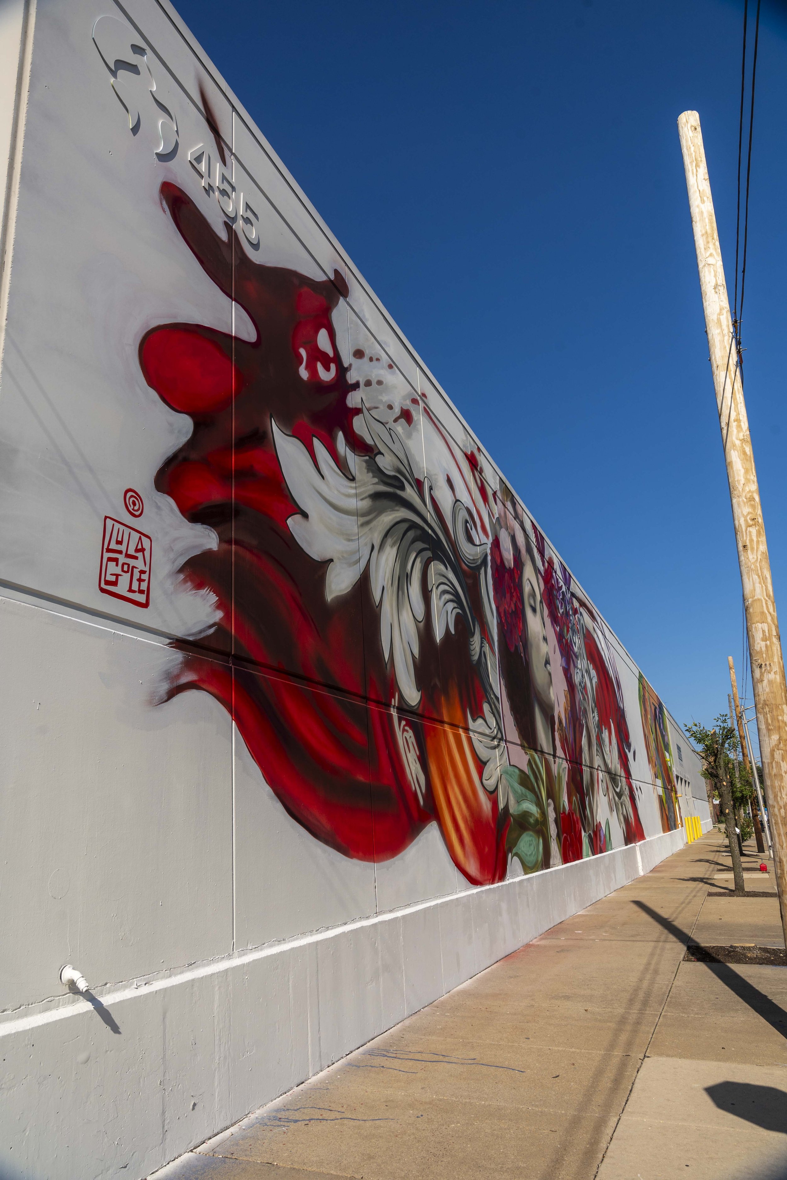Colorful mural on a building wall featuring artistic designs and a portrait of a woman's face, with blue sky above and a utility pole in the foreground.