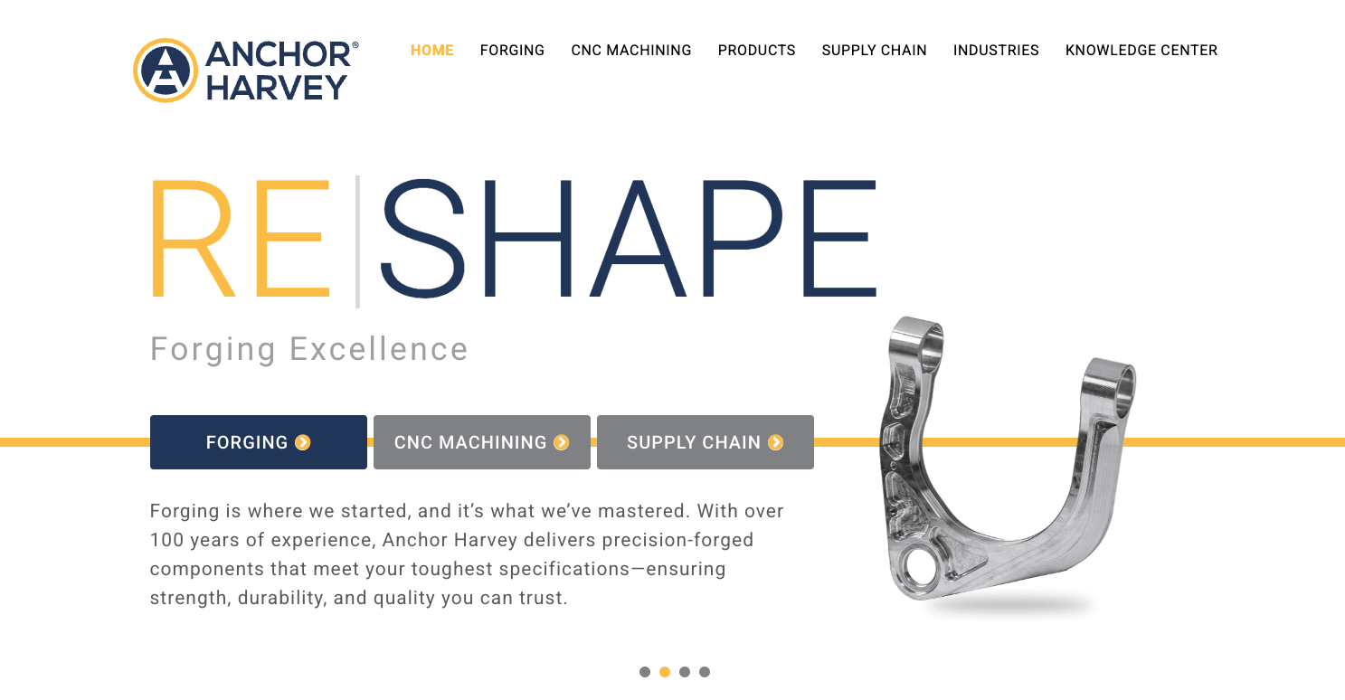 Screenshot of Anchor Harvey website homepage featuring a metal forging with navigation menu and the word "RE SHAPE" in large letters.