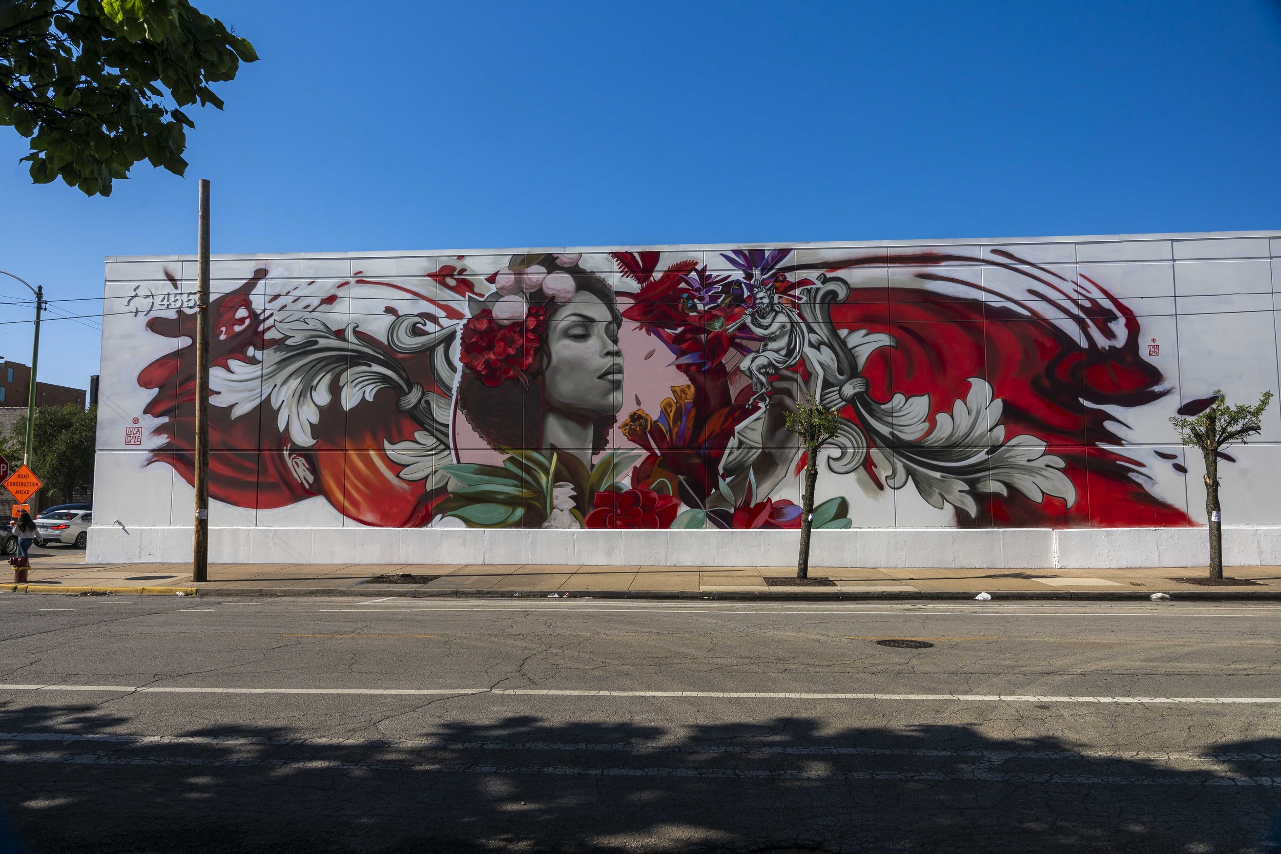 Street art mural featuring a woman's face surrounded by vibrant red and white flowers and swirling patterns on a large urban wall.