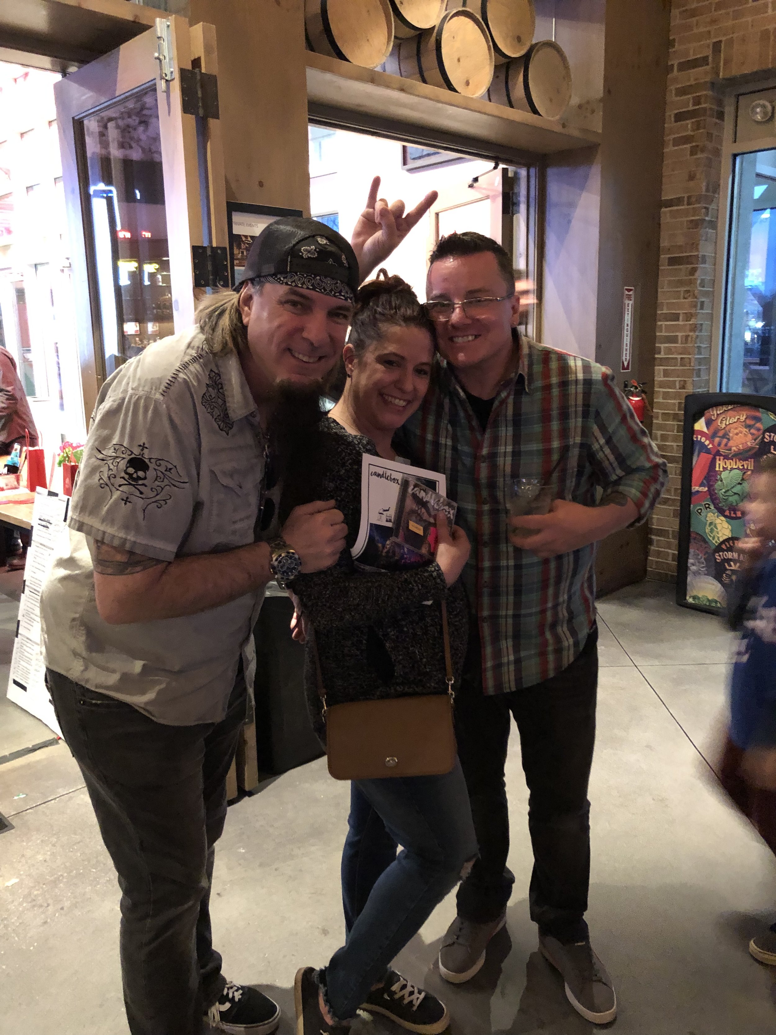  Katiebird (middle) won 2 tickets to Candlebox with a backstage meet and greet, plus an autographed CD.  (pictured with Bobby Pirylis, left, and Richie Yusko, right) 