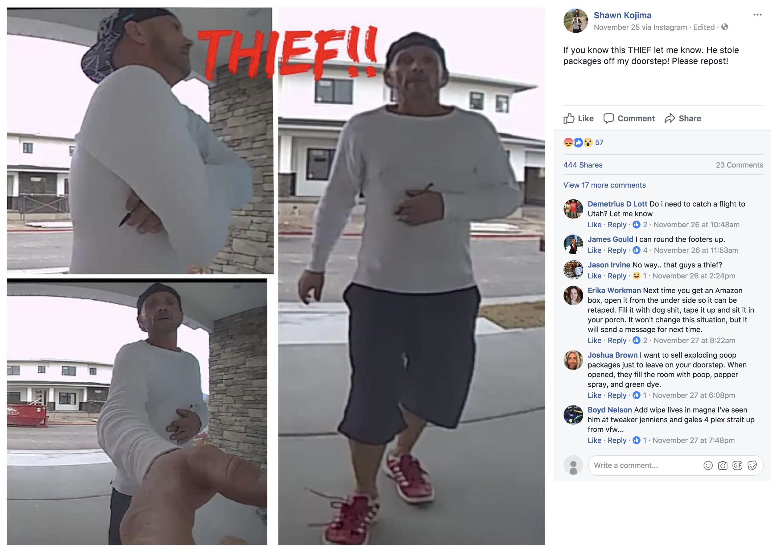 Shawn Kojima posted these photos to Facebook on November 25. It was shared more than 400 times and was seen by Facebook users who recognized the suspect.