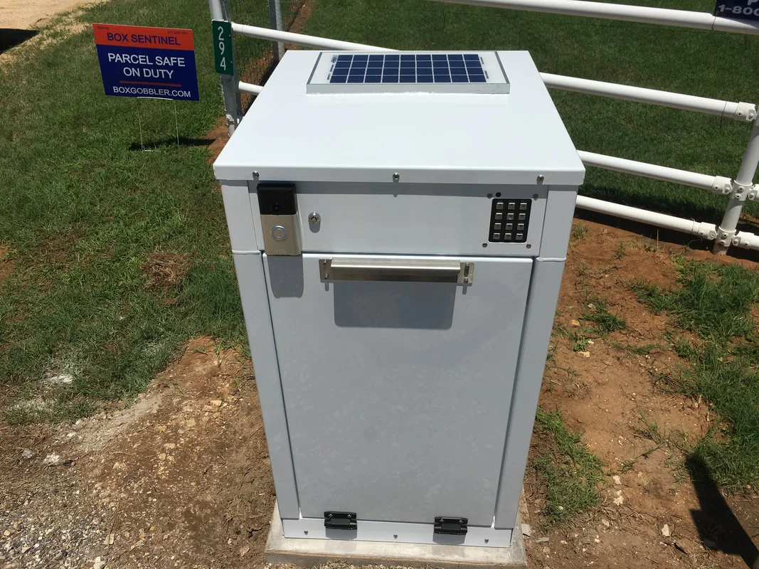The Box sentinel with a solar panel and a 12-volt 12- amp hour Interstate battery kit installed. access is controlled by an electronic keypad that features led lighting and audible tones. notice the video doorbell the customer added after installation.