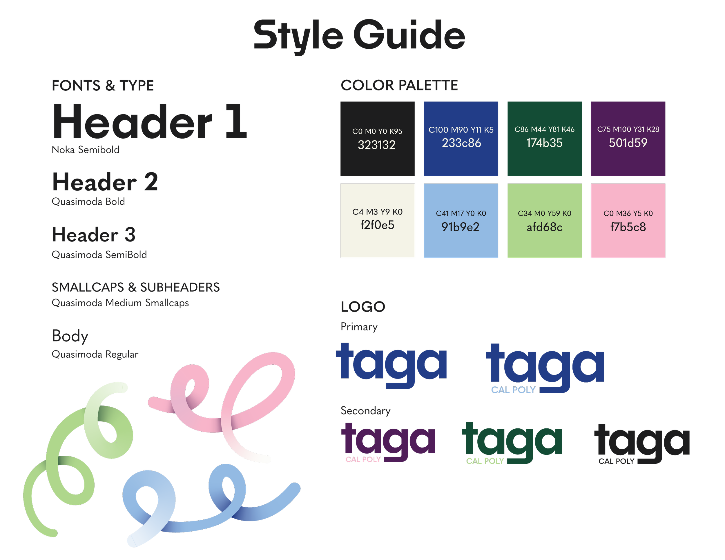 Taga's style guide, featuring fonts, logo variations, illustration assets and colors.