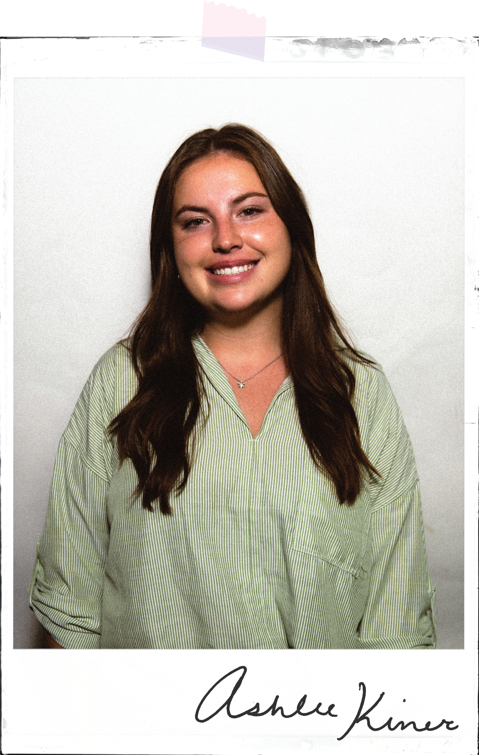 Ashlee's poloroid portrait taped to the background with her signature underneath