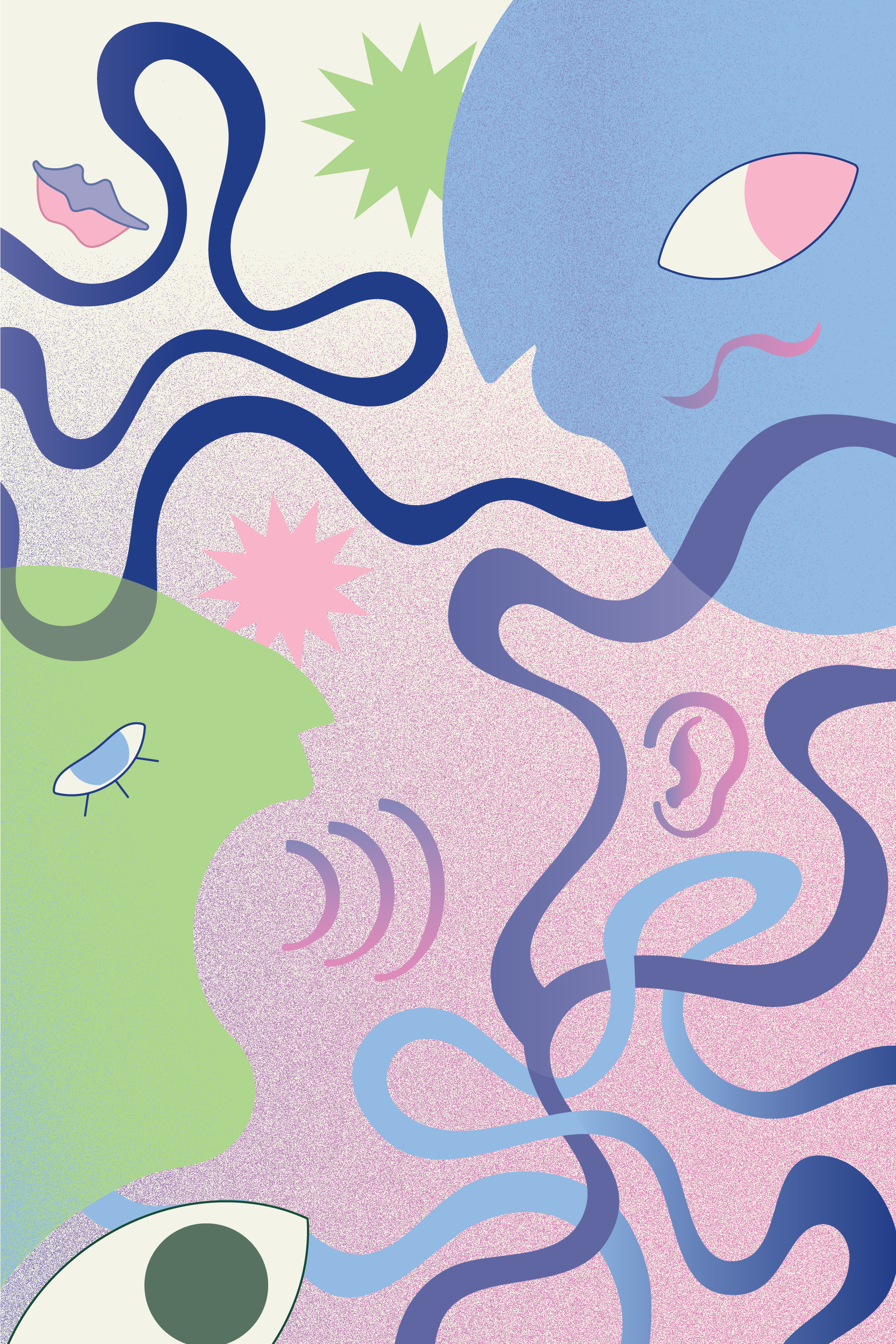 Cover art for Defining UX article, featuring abstract art of people talking, shapes, swirling lines and various accessability symbols.