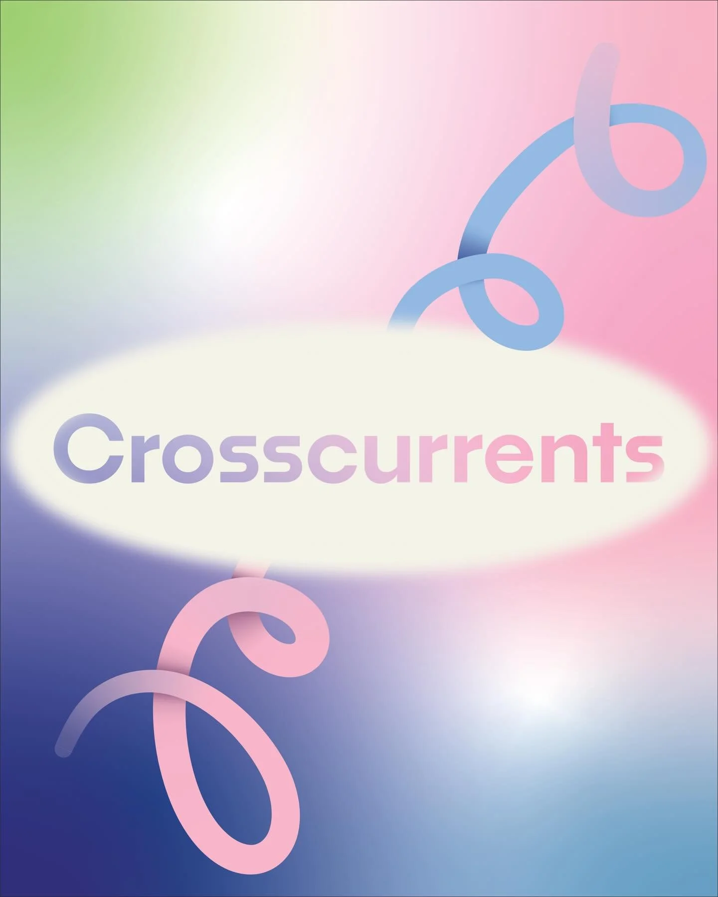 A simple illustration featuring "cross currents" in bold lettering, surrounded by blue, green, and pink colors and swirls.