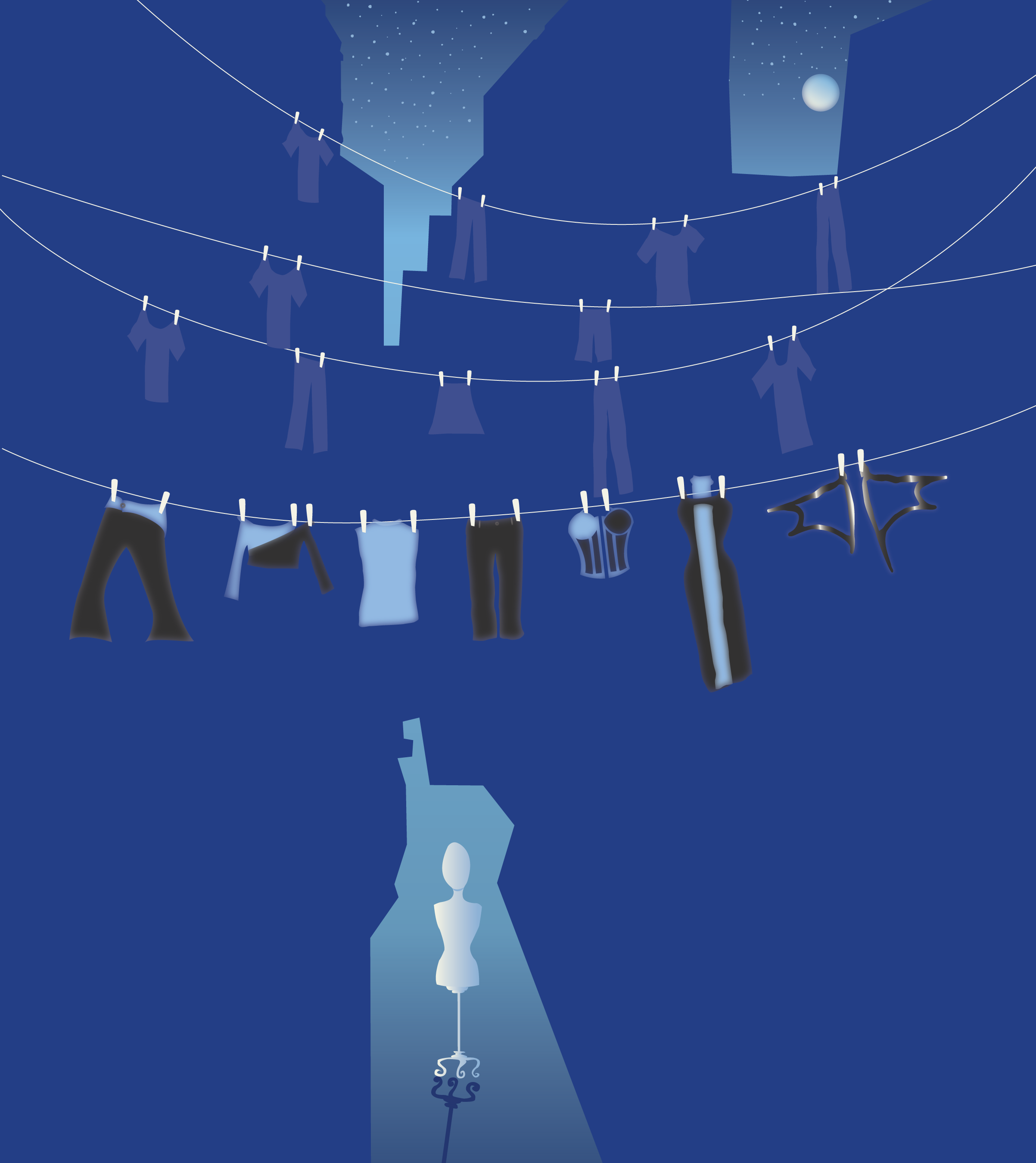 Cover art for Ray Collection article, featuring a blue, night time city scene, with clothes on hangars in the background. The foreground shows a mannequin with a light being cast on it.