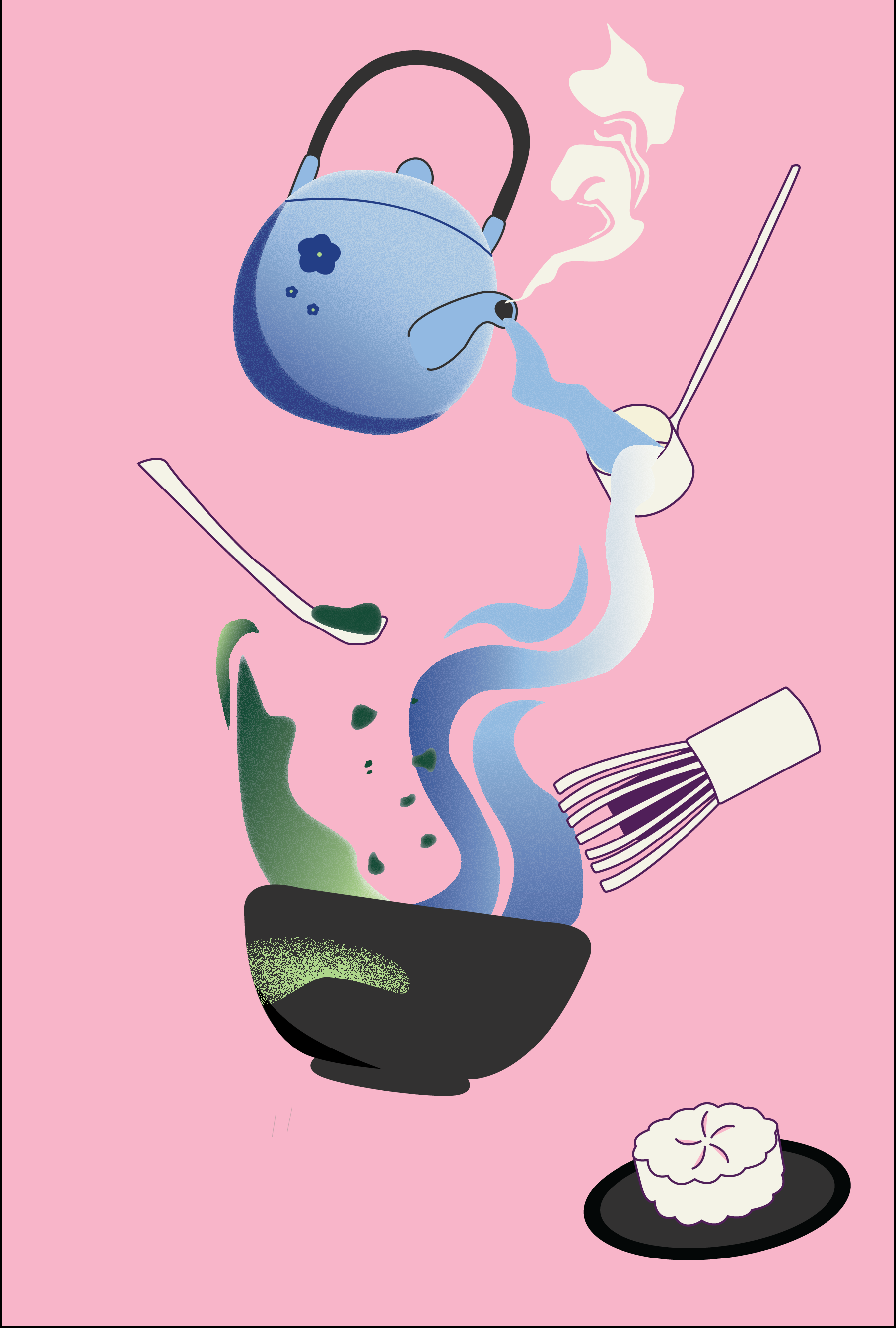 Cover art for Moonlight Matcha article, featuring a floating tea kettle pouring into a bowl with matcha powder inside.